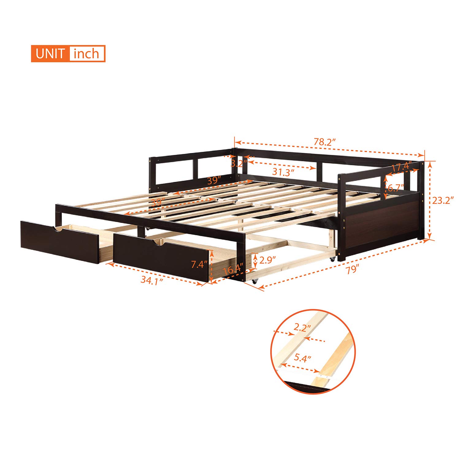 Merax Wooden Daybed with Trundle Bed & 2 Storage Drawers - Convertible Sofa Bed for Guest Room, Living Room & Small Spaces (Espresso Finish) - Perfect for Sleepovers, Home Office & Multi-Functional Furniture Needs