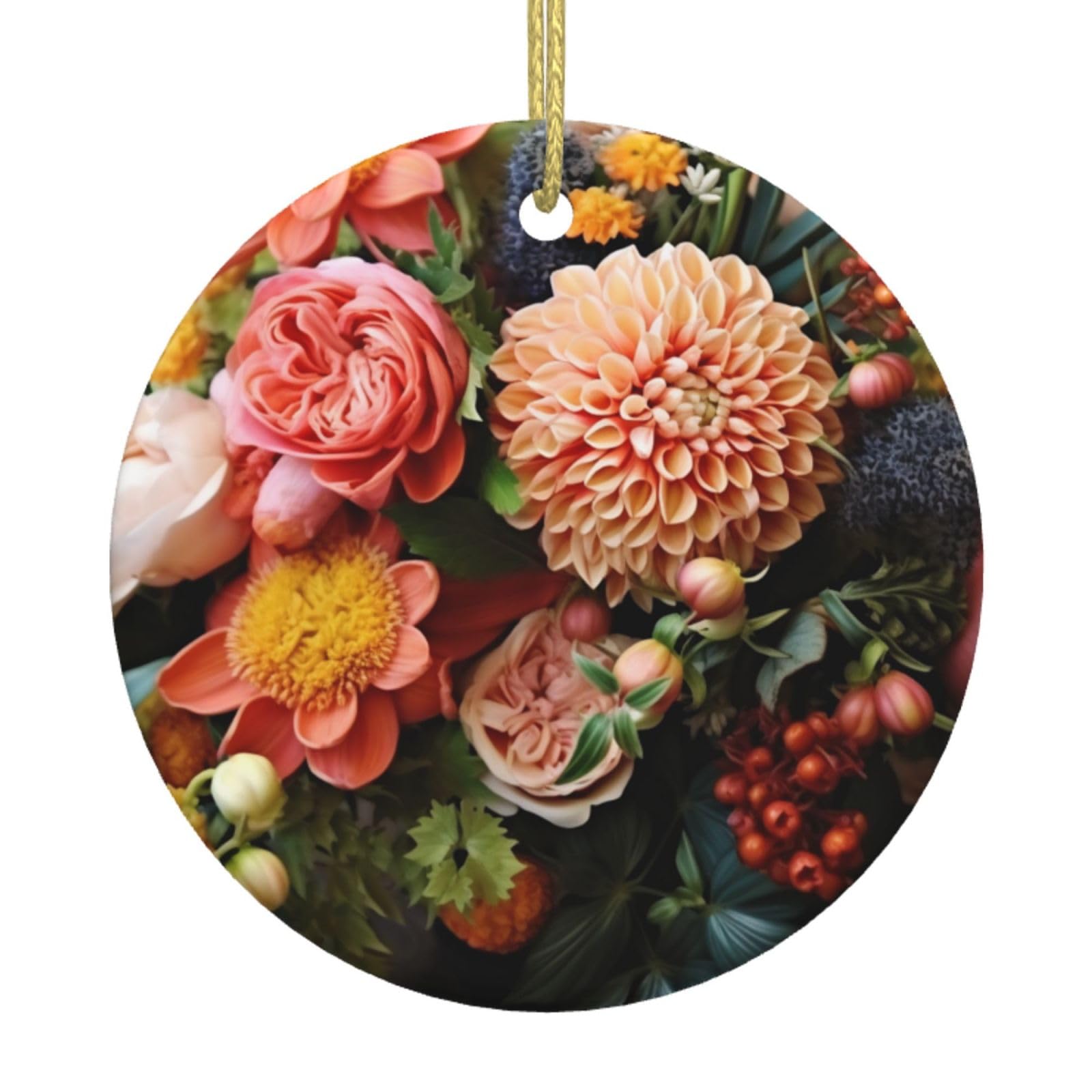 Christmas Tree Ceramic Hanging Ornaments - Round Botanical Floral Decor with Gold Ribbon for Holiday Decorations | Perfect for Xmas Tree, Home, Office & Gift Giving