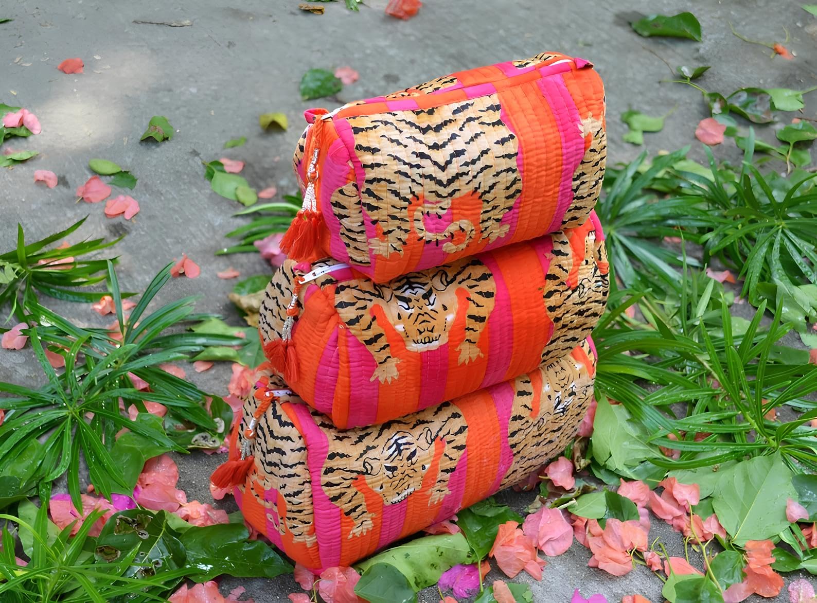 INDACORIFY Tiger Print Makeup Bag Set of 3 - Indian Cotton Toiletry Pouch, Quilted Cosmetic Travel Bag & Wash Bag for Women | Perfect for Travel, Gym, and Daily Organization
