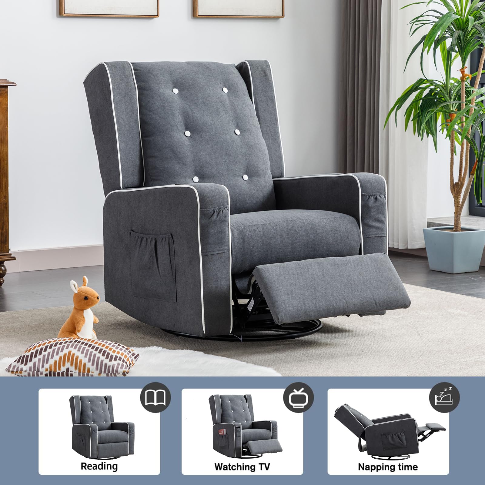 Swivel Rocker Recliner Chair - Upholstered Nursery Glider with Cup Holders | Manual Reclining Rocking Chair for Baby Room, Living Room & Bedroom | Perfect for Nursing, Relaxing & Reading
