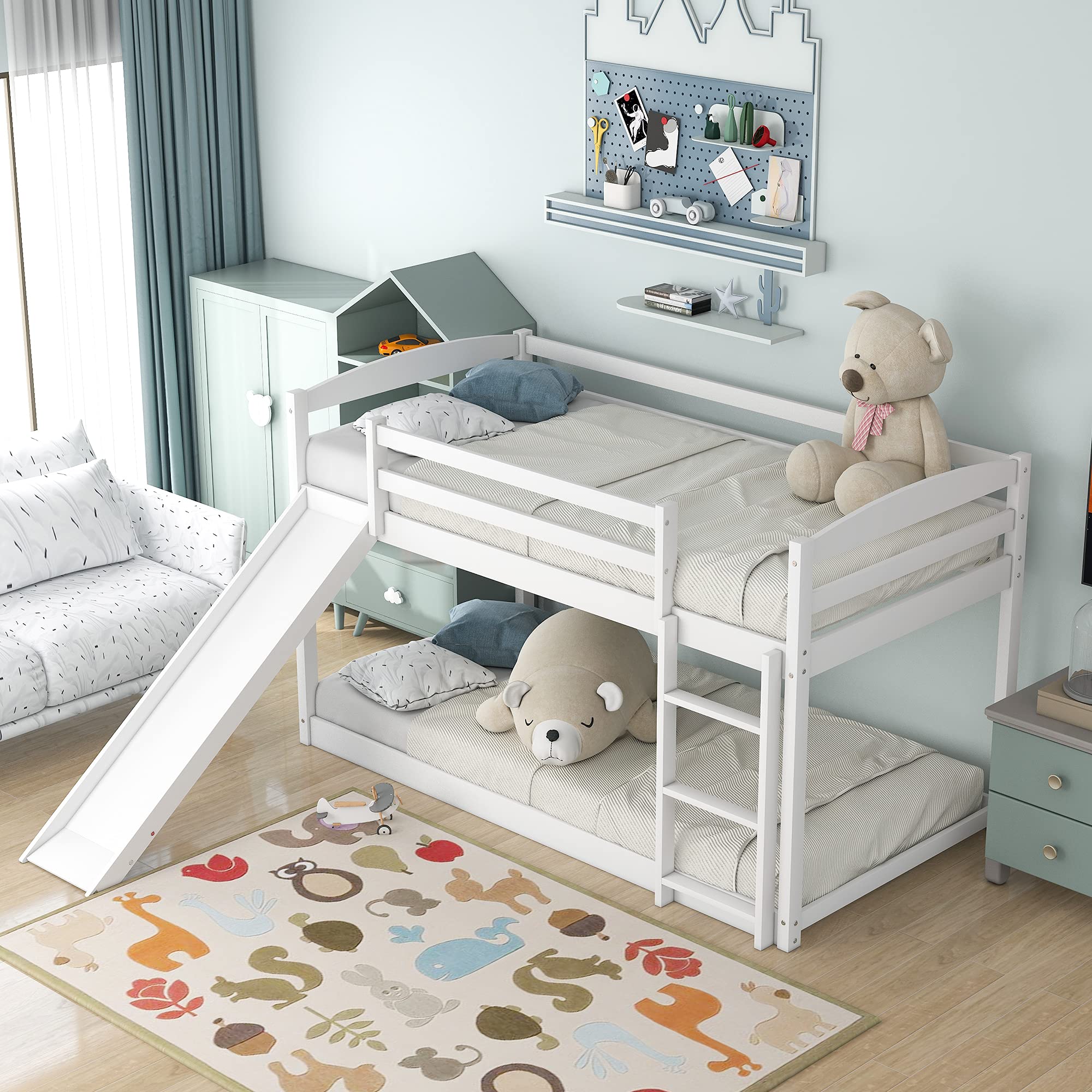 **Low Twin Over Twin Bunk Bed with Slide - Sturdy Wooden Kids Bunk Bed Frame with Guardrails & Ladder for Boys, Girls, Teens - No Box Spring Needed - White - Perfect for Small Bedrooms, Playrooms & Sleepovers**