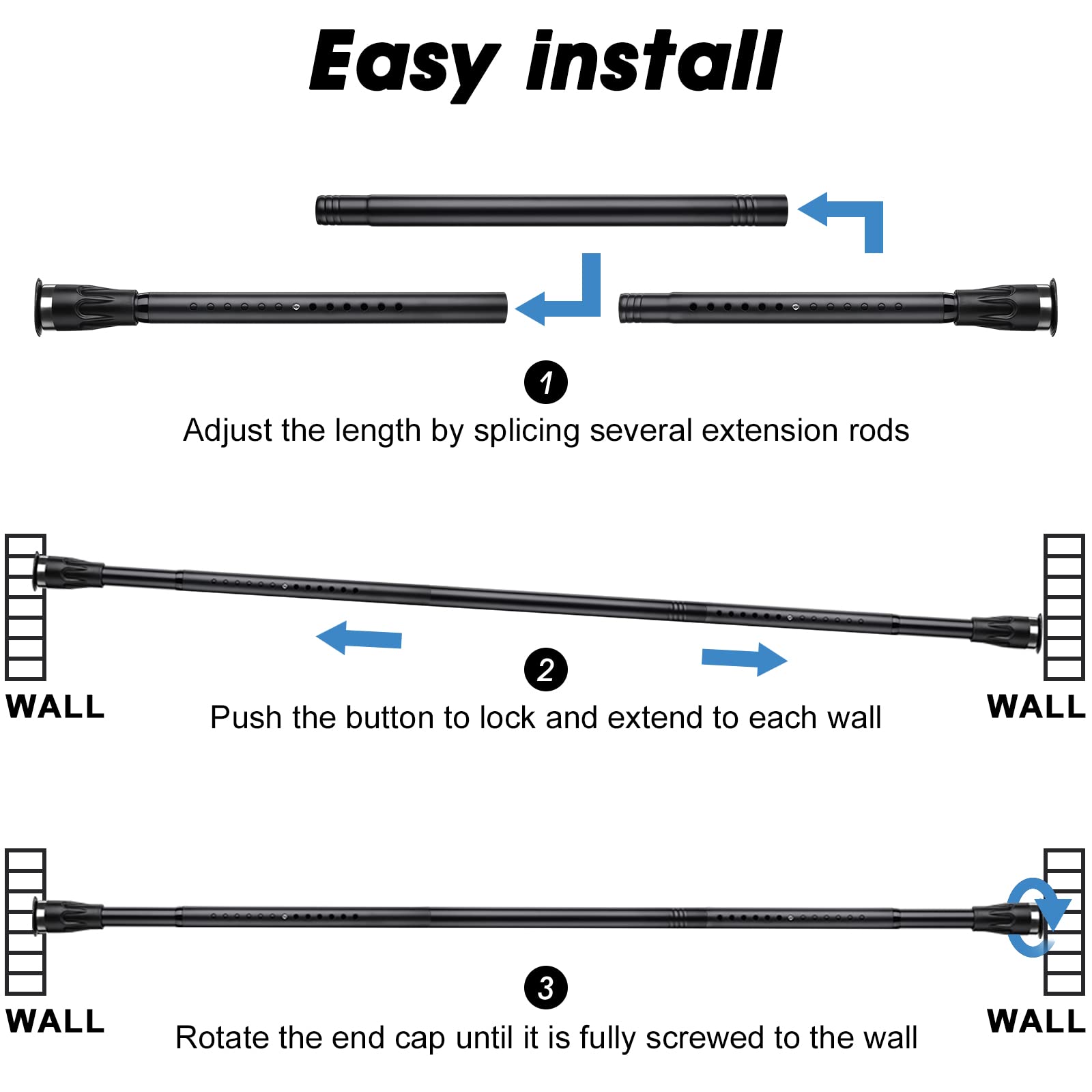 48 to 84 Inch Adjustable Heavy Duty Tension Curtain Rod - Black Shower Curtain Rod for Bathroom, Closet, and Windows - Perfect for Home, Dorm, and RV Use