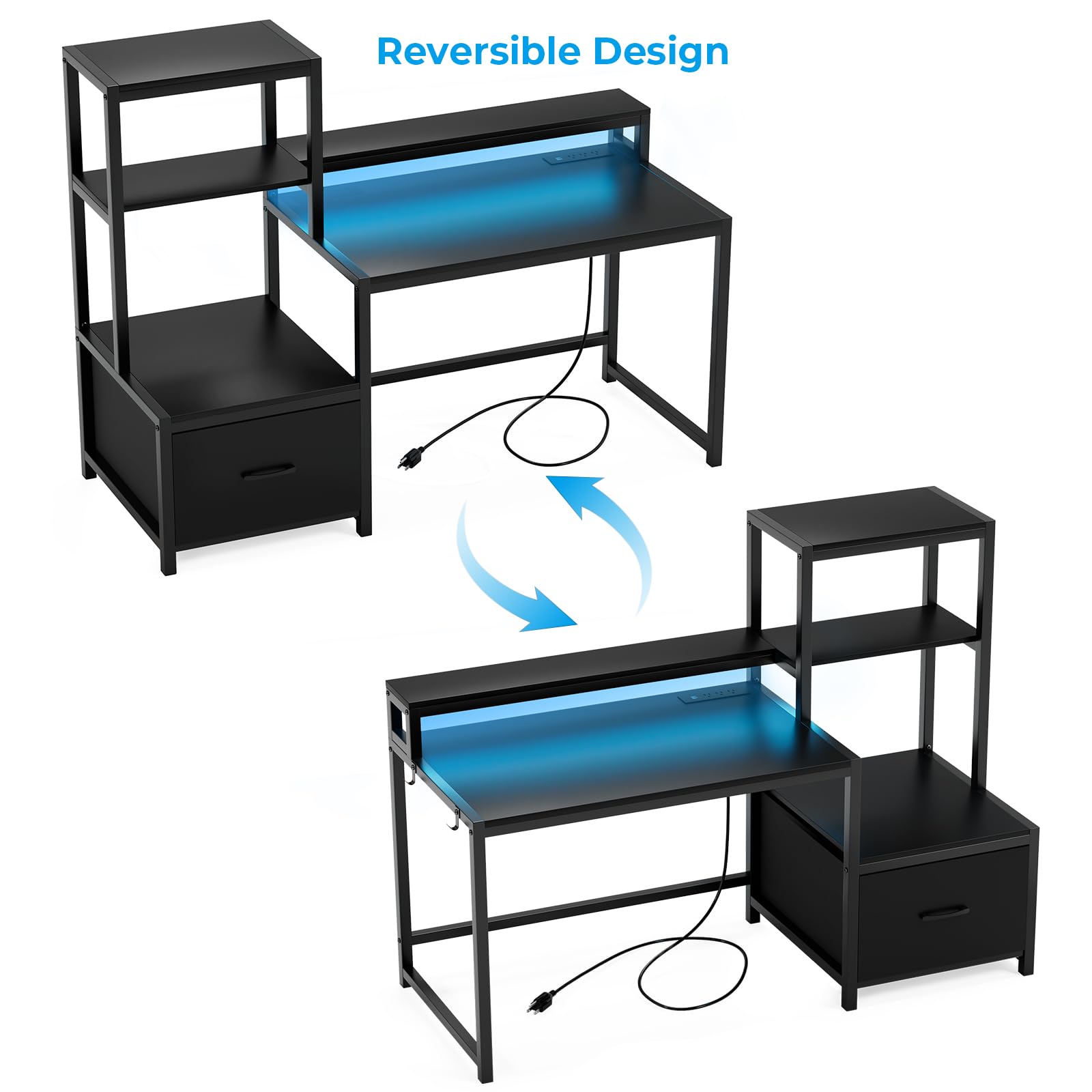 GreenForest 51-inch Computer Desk with Drawers & Monitor Stand - Home Office Desk with Storage Shelves, Power Outlets & LED Lights - Ergonomic Gaming & Study Desk for Small Spaces (Black) - Perfect for Remote Work, Online Classes & PC Gaming Setup