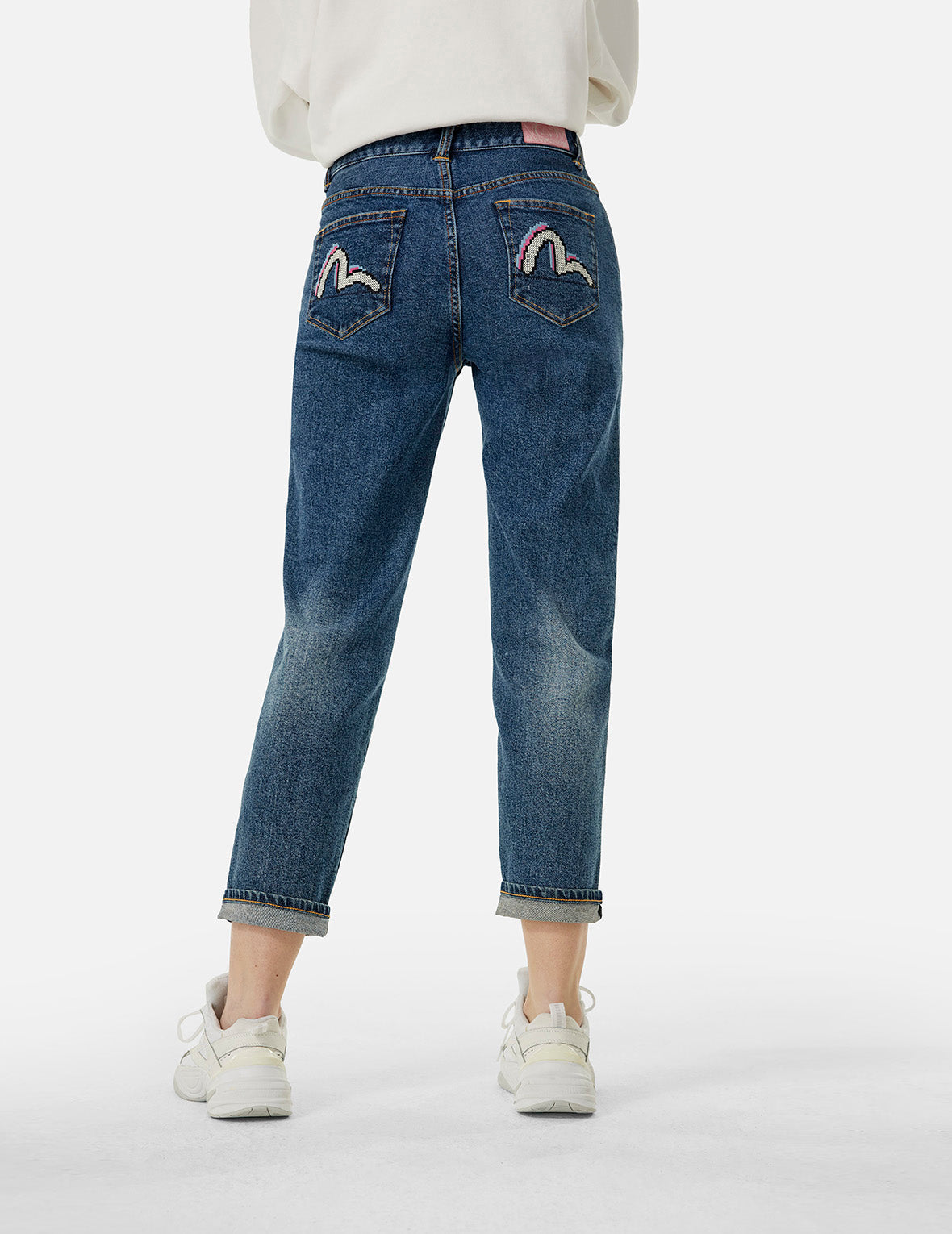 Pixel Seagull Embroidery Relaxed Fit Jeans for Women | Comfortable Stretch Denim Pants | Casual Wear & Street Style Fashion