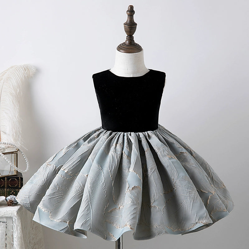 Black Princess Round Tea Length Satin Flower Girl Dress for Weddings, Birthday Parties & Special Occasions