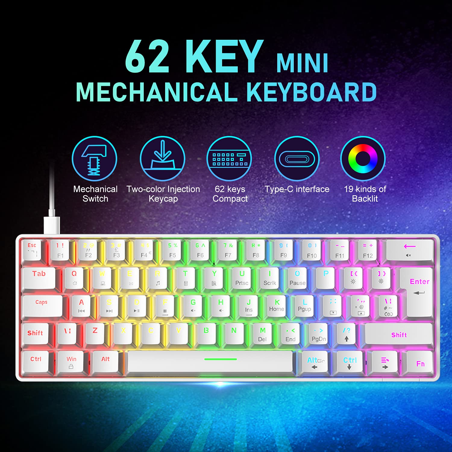 60% UK-Layout Wired Gaming Keyboard and Mouse Combo - 62-Key Mini Compact Mechanical Keyboard with 19 Rainbow & 6 RGB Lighting Effects, 6400 DPI Lightweight Gaming Mouse (White/Red Switch) - Perfect for PC Gaming, Office Work, and Esports Enthusiasts