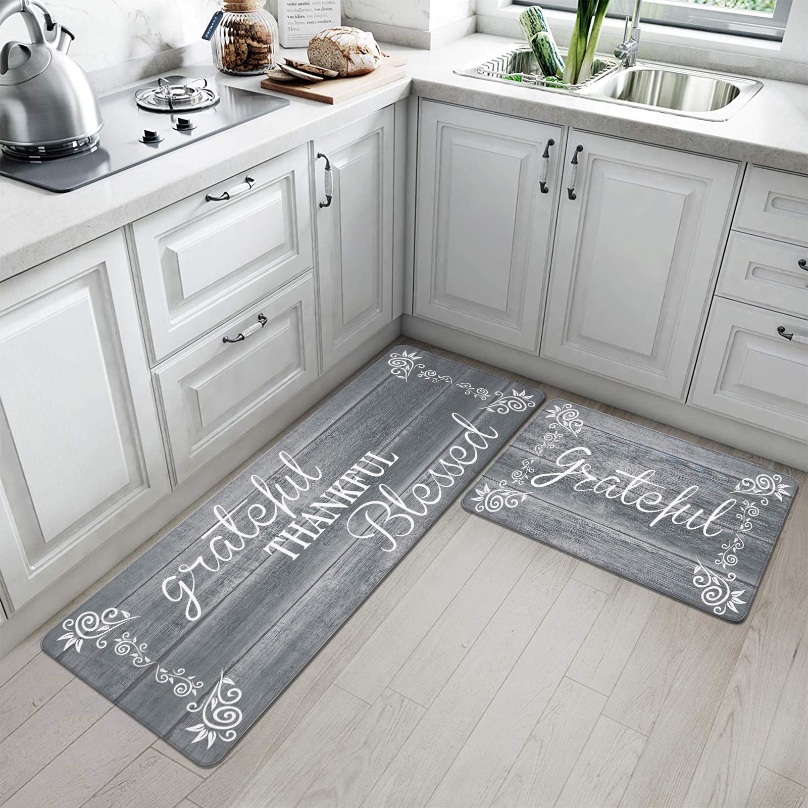 HEBE Anti-Fatigue Kitchen Mat Set of 2 - Non-Slip Cushioned Floor Mats for Standing, Waterproof Farmhouse Style - Perfect for Kitchen Sink, Office Desk & Laundry Room - Comfortable Standing Solution for Home & Workspaces