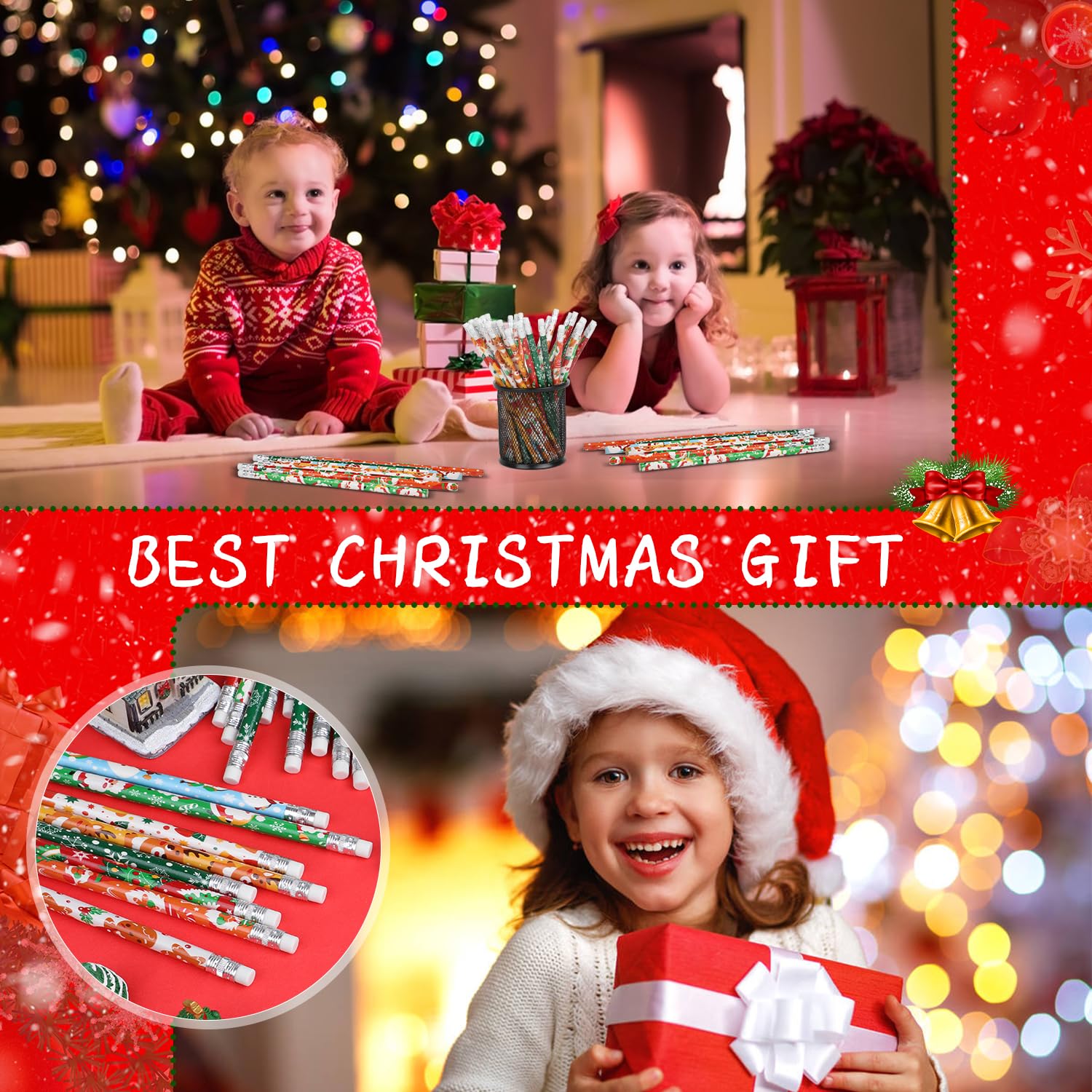 32pcs Christmas Pencils with Eraser - Santa Claus, Elk, Tree & Snowflake Designs for Kids Holiday Party Supplies (8 Styles) | Perfect for Classroom Gifts, Stocking Stuffers & Christmas Crafts