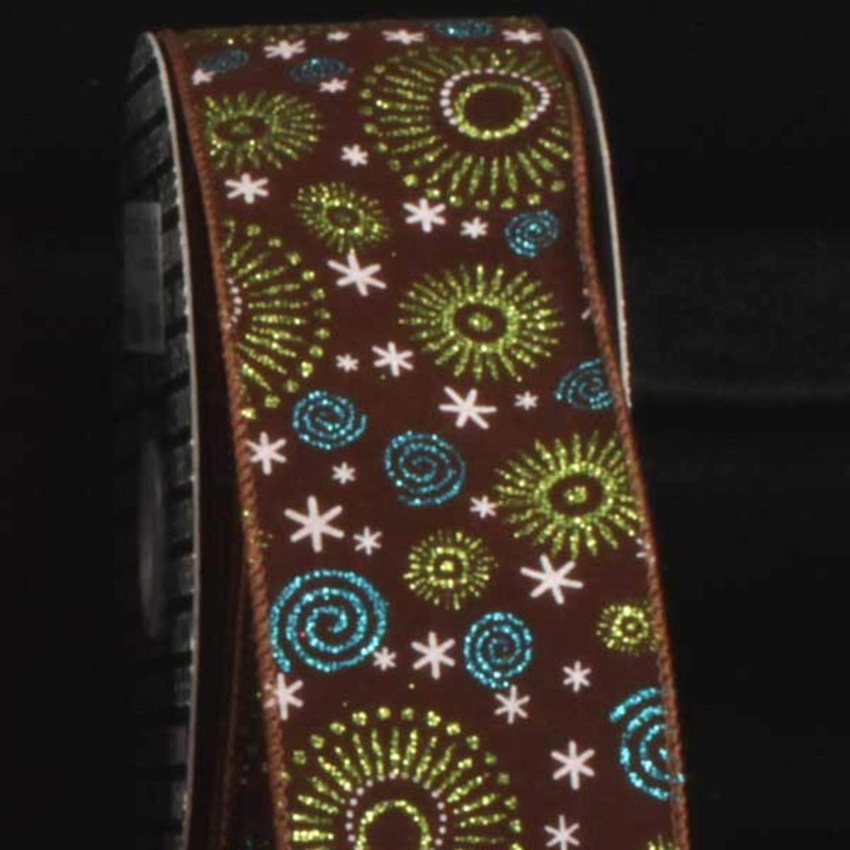 The Ribbon People Brown Swirls and Sunbursts Print Wired Craft Ribbon - 2.5 Inch x 20 Yards Bulk Roll for Gift Wrapping, DIY Decorations, Scrapbooking & Party Supplies