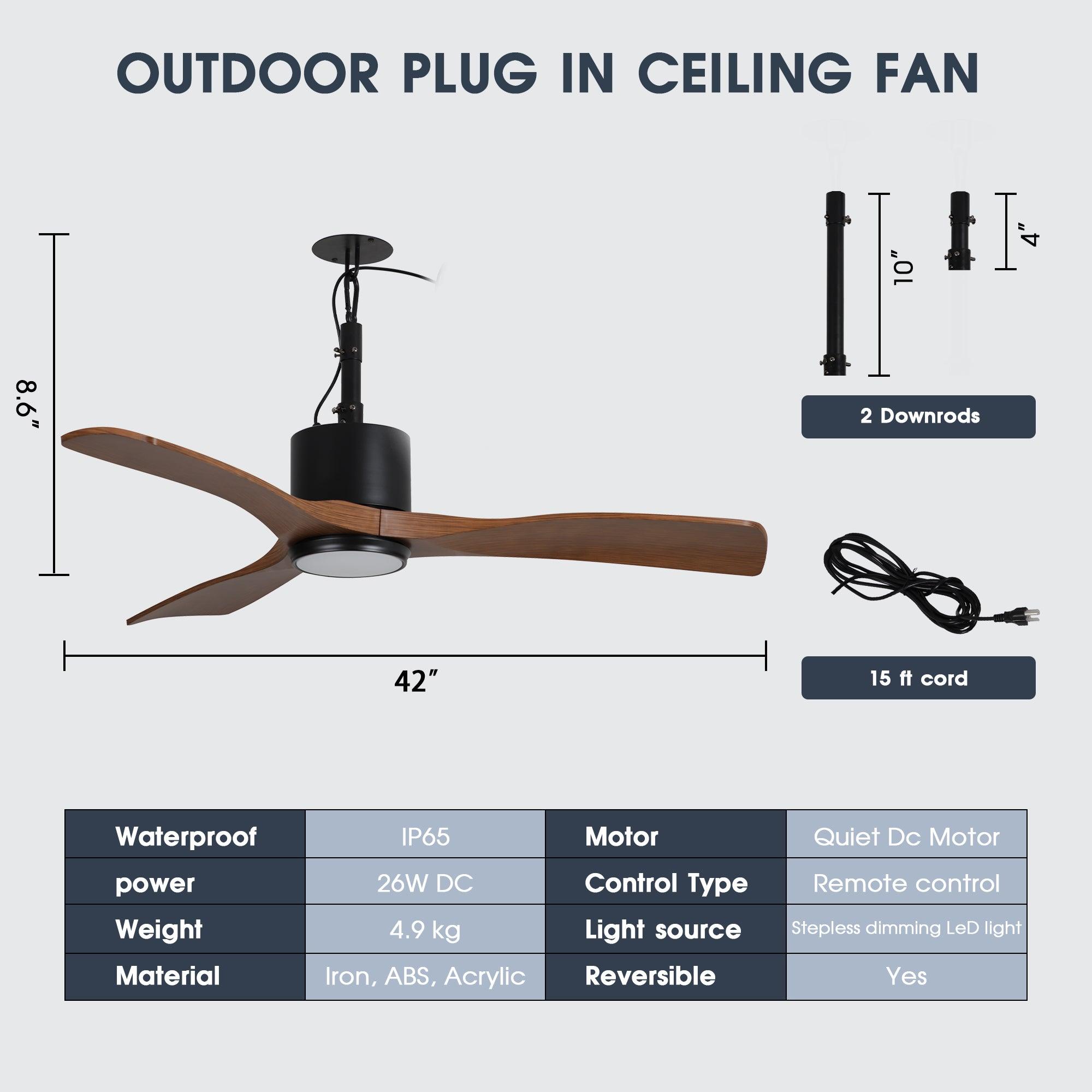 42 Inch IP65 Rated Outdoor Ceiling Fan with LED Light - Modern Black Design, Dniester DC Motor, Hanging Buckle & Downrod - Perfect for Patio, Deck, Pergola and Outdoor Living Spaces