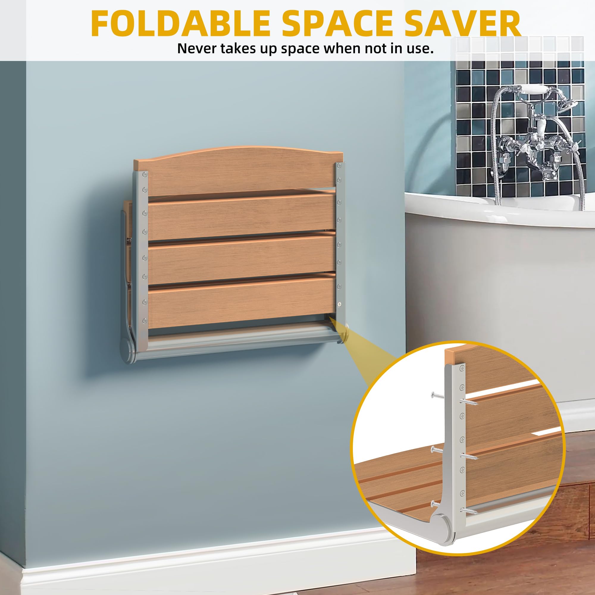 DWVO Foldable Shower Seat - Wall Mounted Shower Bench with Teak Wood - Adjustable Folding Shower Chair for Elderly, Disabled & Pregnant Women - Bathroom Safety Seat for Seniors Care, Home Accessibility & Spa Relaxation
