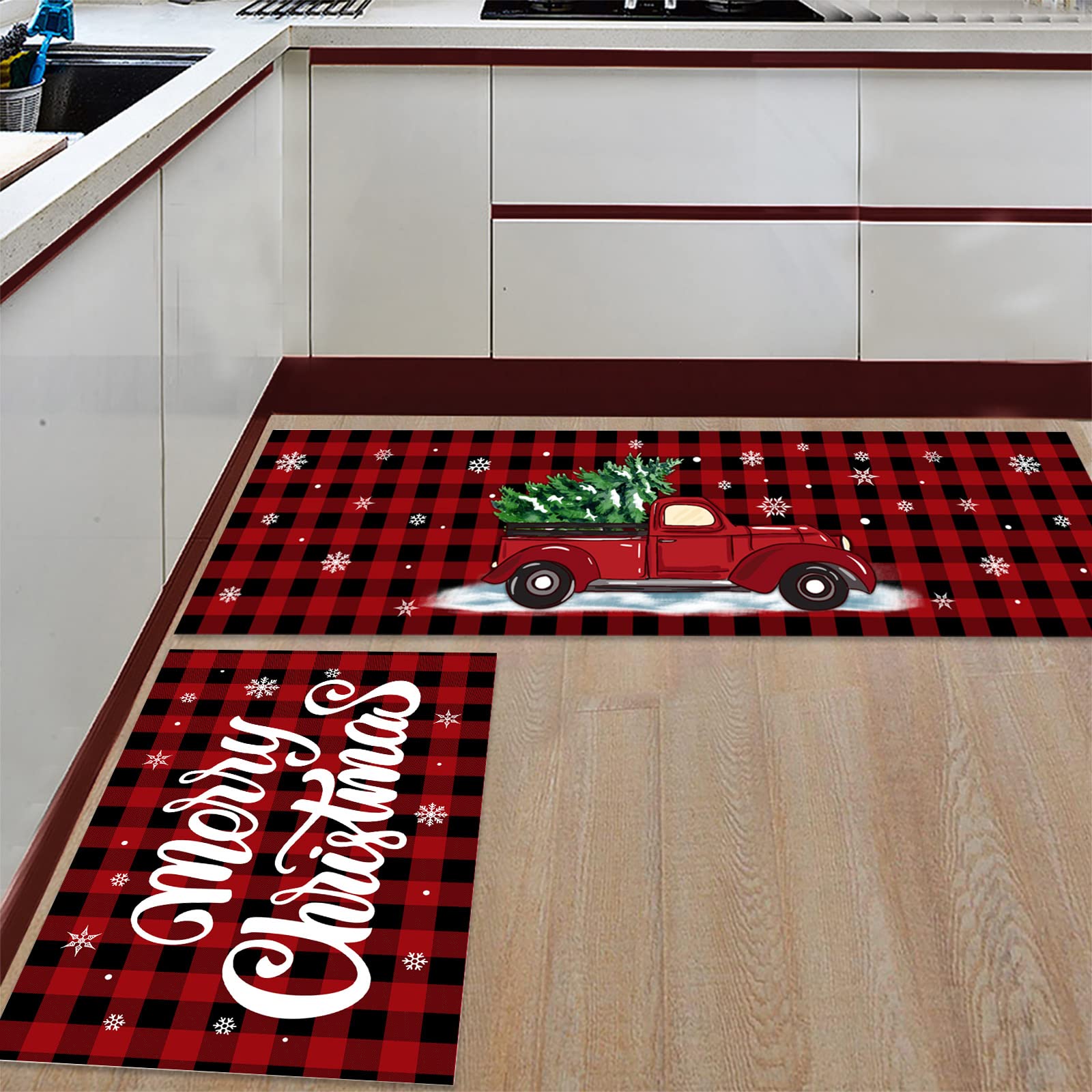 2-Piece Christmas Kitchen Mat Set - Non-Slip Anti-Fatigue Buffalo Plaid Floor Mats with Truck & Xmas Tree Design - Perfect for Holiday Decor, Cooking Comfort & Indoor Kitchen Safety