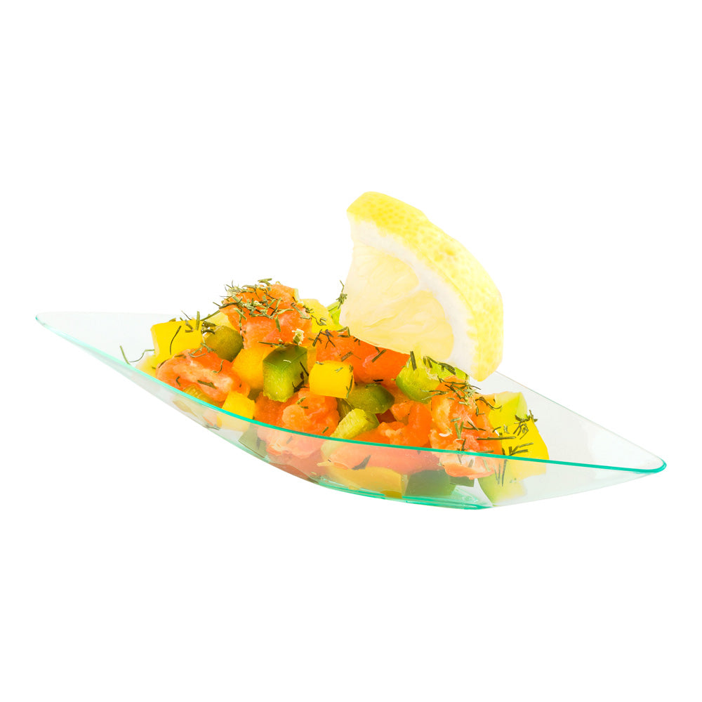100-Pack Seagreen Plastic Canoe Dishes & 100-Pack Silver Mini Plastic Forks – Eco-Friendly Disposable Tableware for Parties, Picnics, and Outdoor Events