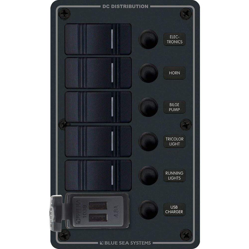 Blue Sea 8521-5 Position Contura Switch Panel with Dual USB Chargers - 12V/24V DC Waterproof Marine Grade - Black - Perfect for Boats, RVs & Off-Grid Power Systems
