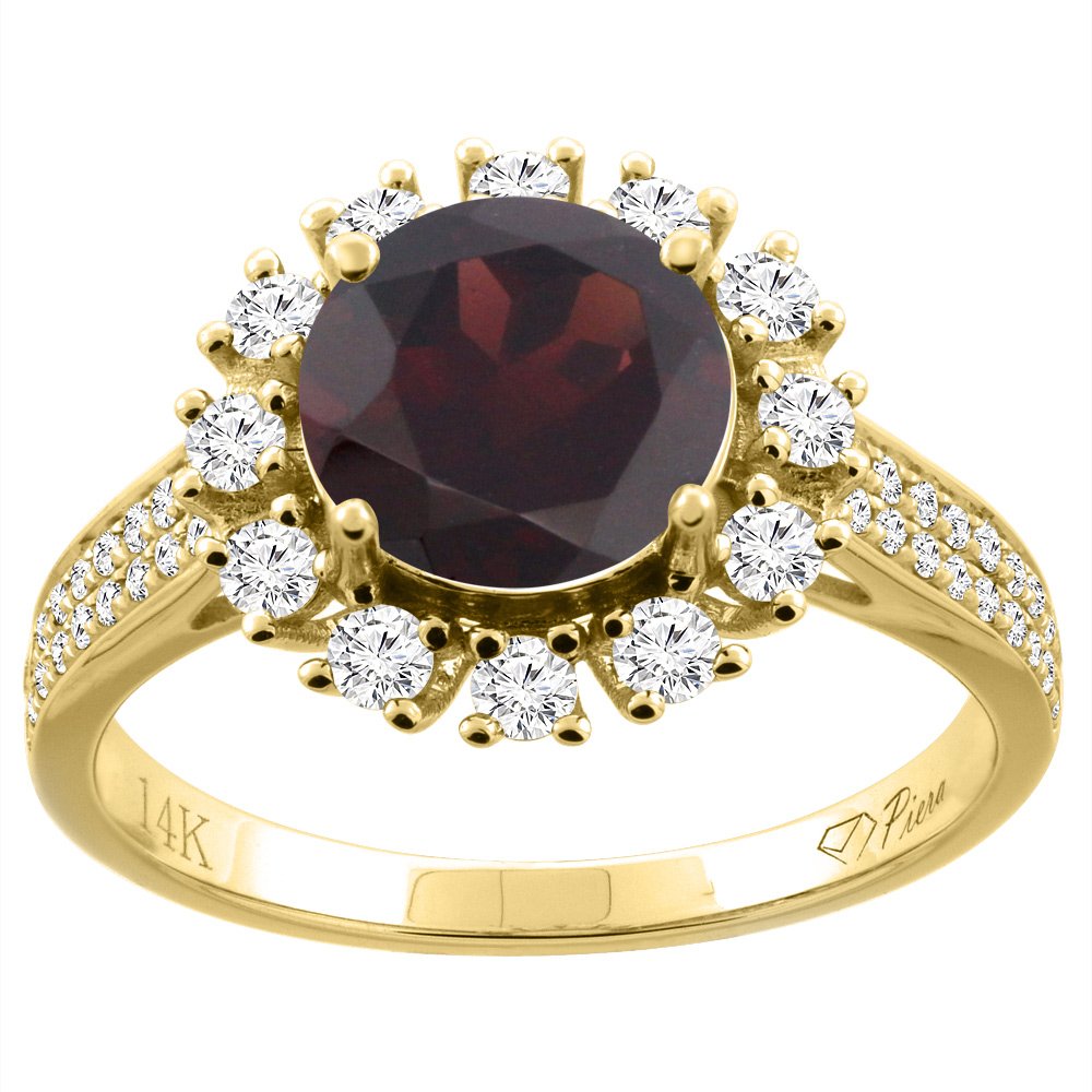 14K Gold Natural Garnet Ring with 8mm Round Cut and Diamond Accents - Size 5 to 10 - Perfect for Engagement, Anniversary and Everyday Elegant Jewelry