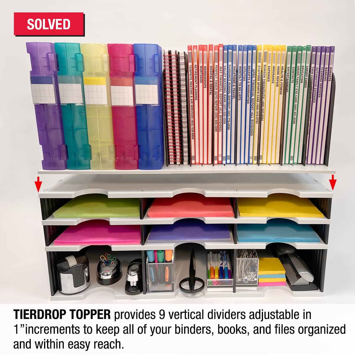 Ultimate 8-Slot Vertical File Organizer & Sorter with Adjustable Dividers - Office TierDrop Topper with 1-Inch Increment Adjustments | Converts to Hanging File Folder Organizer with Rail Adapters | Perfect for Desk Organization, Document Storage & Office Efficiency