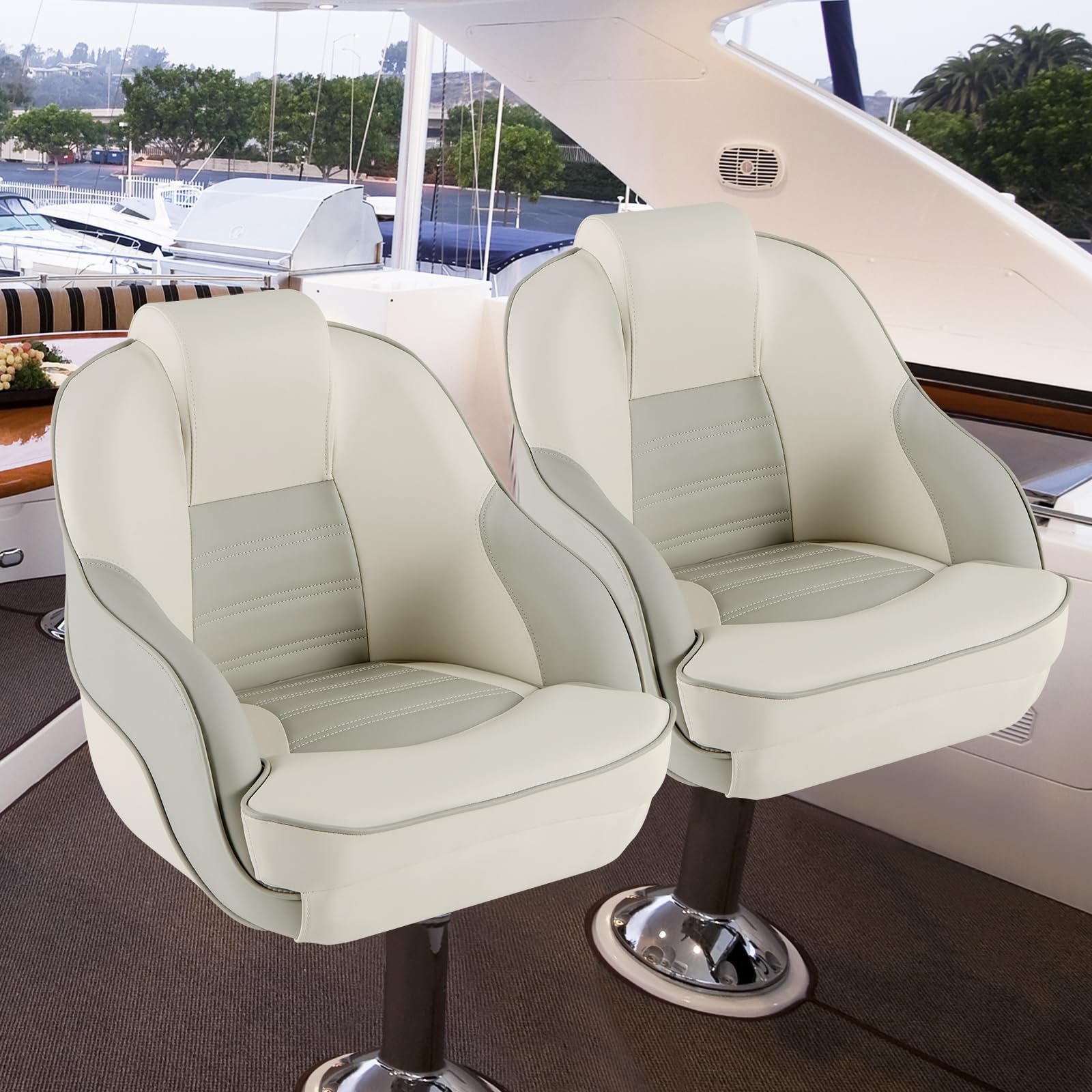 Goplus Captain Bucket Seat - Waterproof PVC Leather Pontoon Boat Chair with Thick Sponge Padding & Curve Armrest, High Back Fishing Boat Seat for Pontoon, Sightseeing, and Leisure Boating (1 Pack, Ivory & Gray) - Perfect for Comfortable Fishing Trips and Relaxing Water Tours