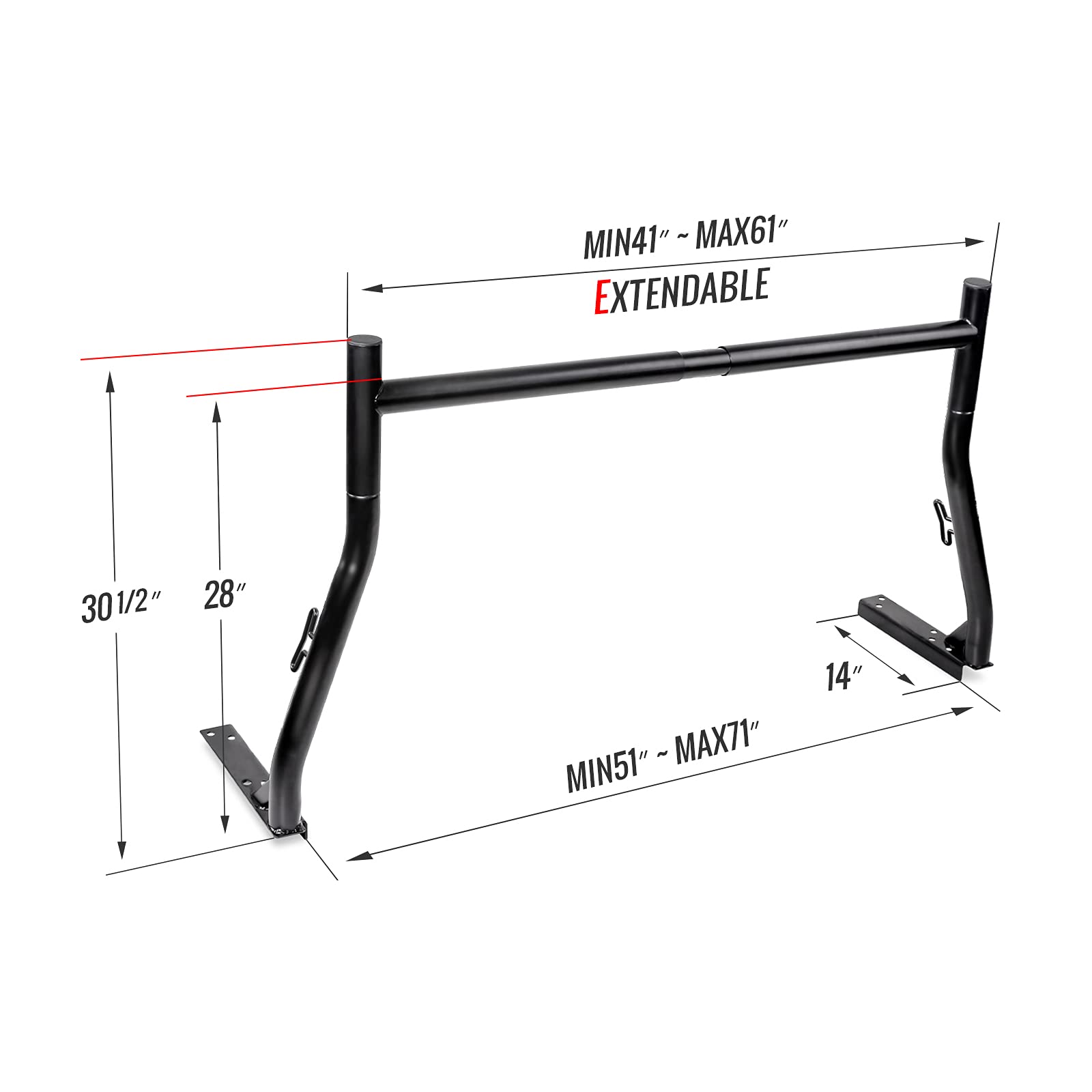 Heavy Duty 800Ibs Capacity Extendable Steel Truck Ladder Rack - 2-Bar Set with Tool Box Mounting | Matte Black Finish | Patent Pending | Perfect for Contractors, Landscapers & Roofers (USPTO Approved)