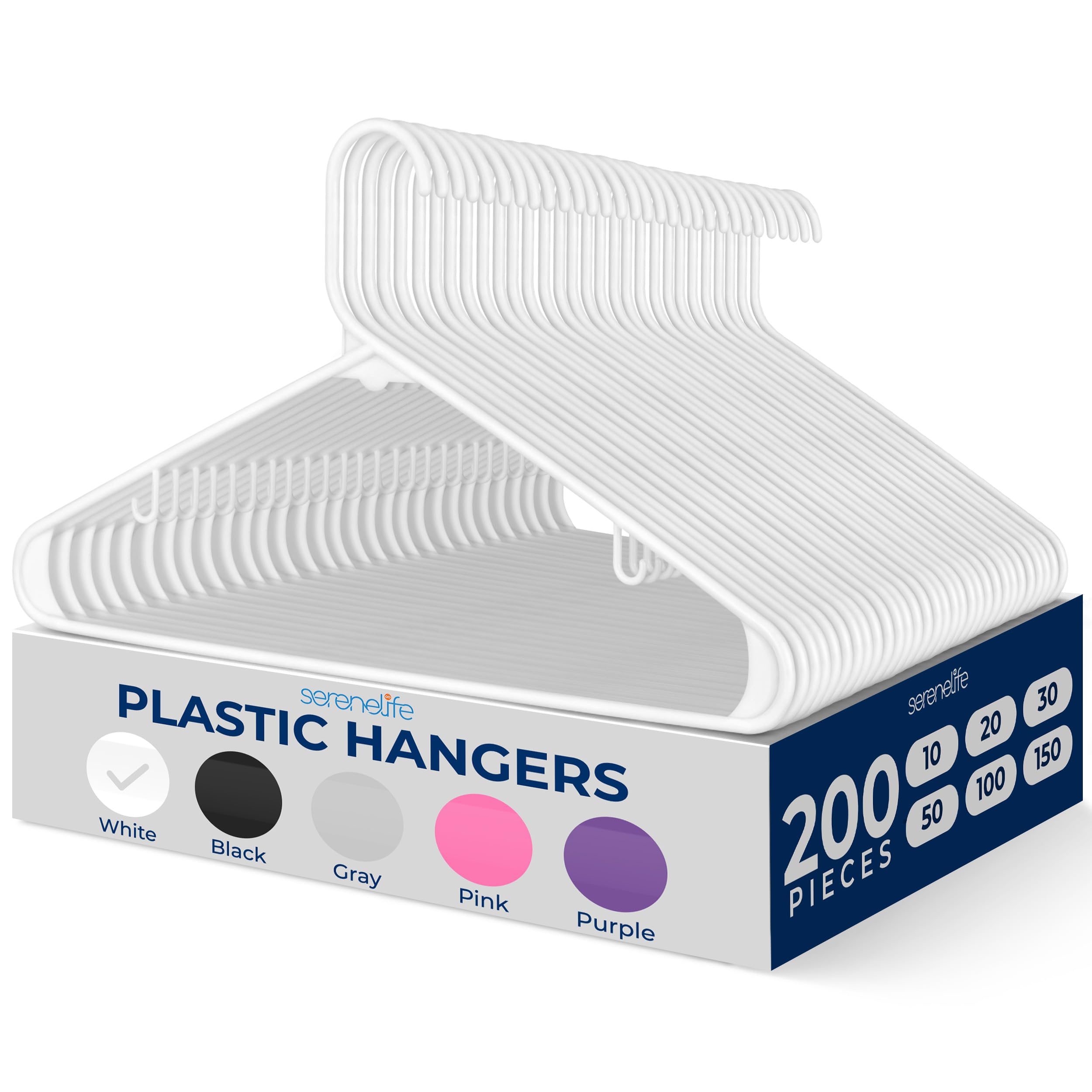 SereneLife 200 Pack White Plastic Hangers - Heavy Duty Closet Organizers with Non-Slip Design & Built-in Strap Hooks - Space Saving Tubular Clothes Hangers for Wardrobe, Laundry Room, and Retail Stores