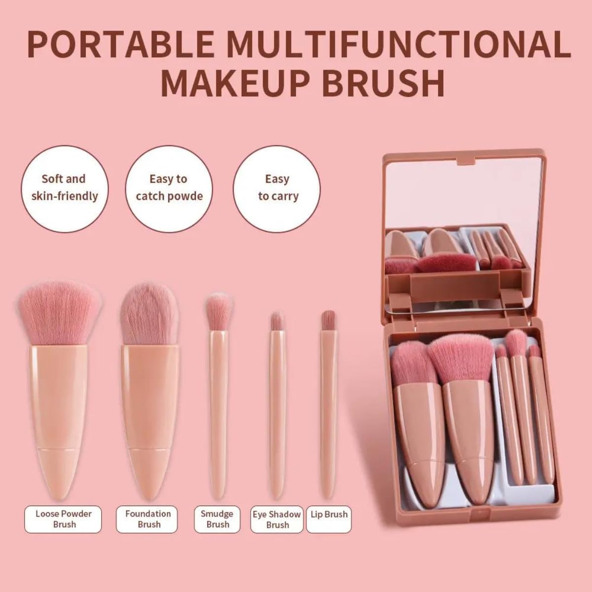 Cavernshop Professional 5-in-1 Mini Makeup Brush Set with Mirror - Face, Eyeshadow, Powder & Blush Cosmetic Kit | Travel-Friendly Makeup Brushes for Women & Girls | Perfect for On-the-Go Touchups & Professional Makeup Application