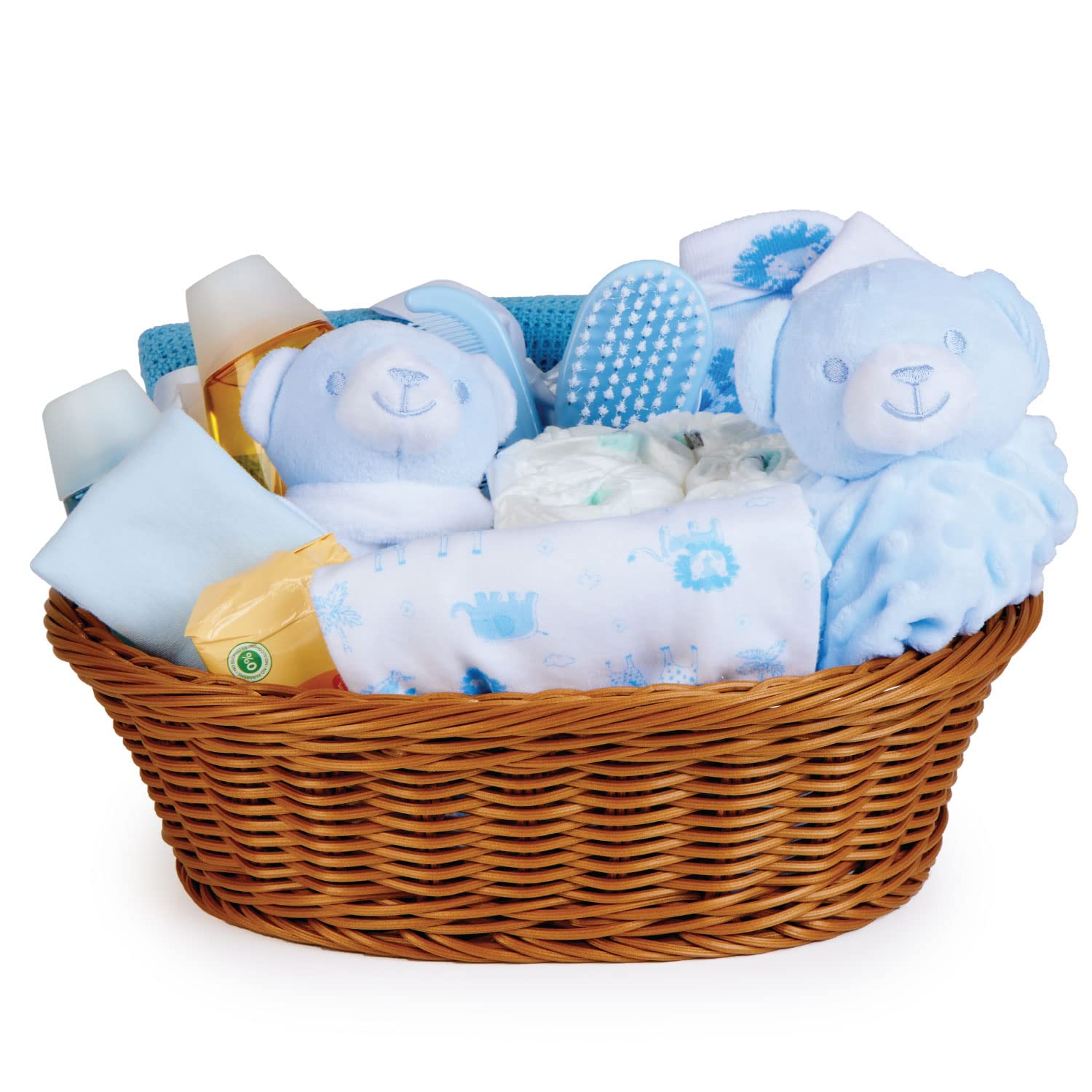 Blue Baby Boy Gift Basket - 18 Essential Newborn Baby Boy Gifts, Welcome Baby Boy Gift Set for New Parents | Perfect for Baby Showers, Christenings & Hospital Visits