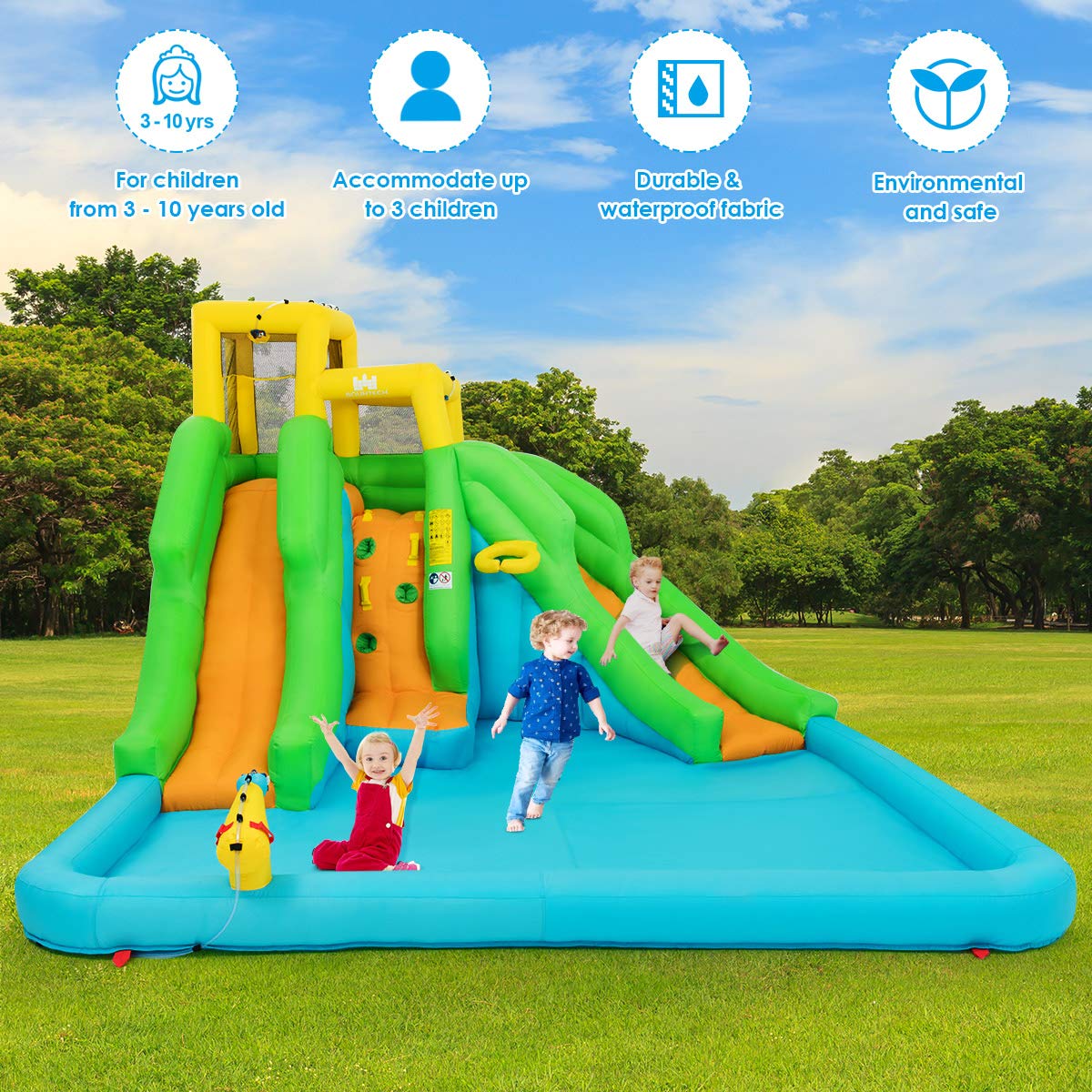 GLACER Kids Inflatable Bouncer Slide - Indoor/Outdoor Bounce House with Splash Pool, 2 Water Slides, Climbing Wall, Basketball Hoop & Water Cannon - Backyard Water Park for Ages 3-10 (Air Blower Not Included) | Perfect for Summer Parties, Birthday Celebrations & Outdoor Family Fun