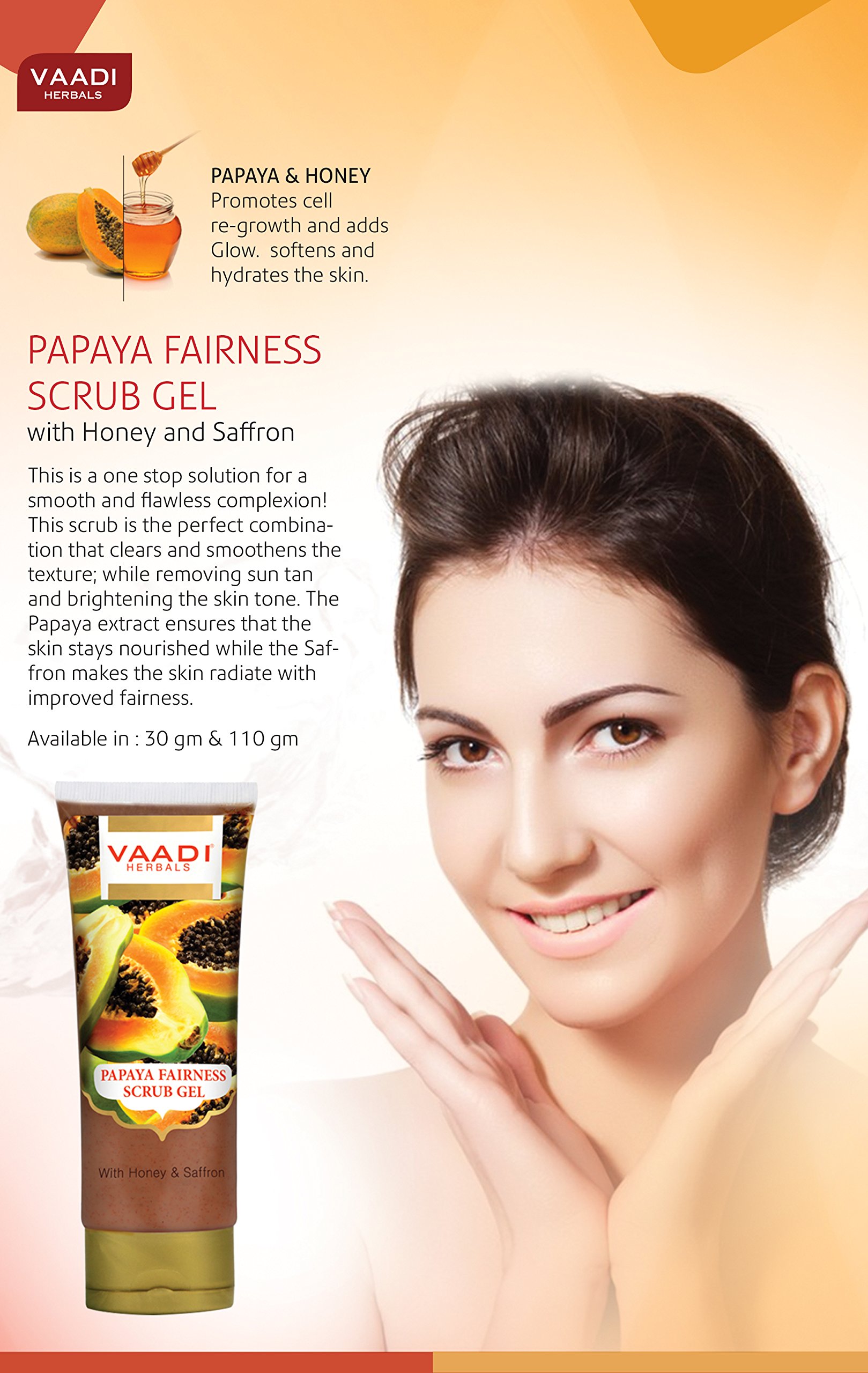 Vaadi Herbals Papaya Fairness Scrub Gel with Honey & Saffron - 110g | Natural Skin Brightening & Exfoliating Face Wash | Perfect for Glowing Skin & Dark Spot Reduction