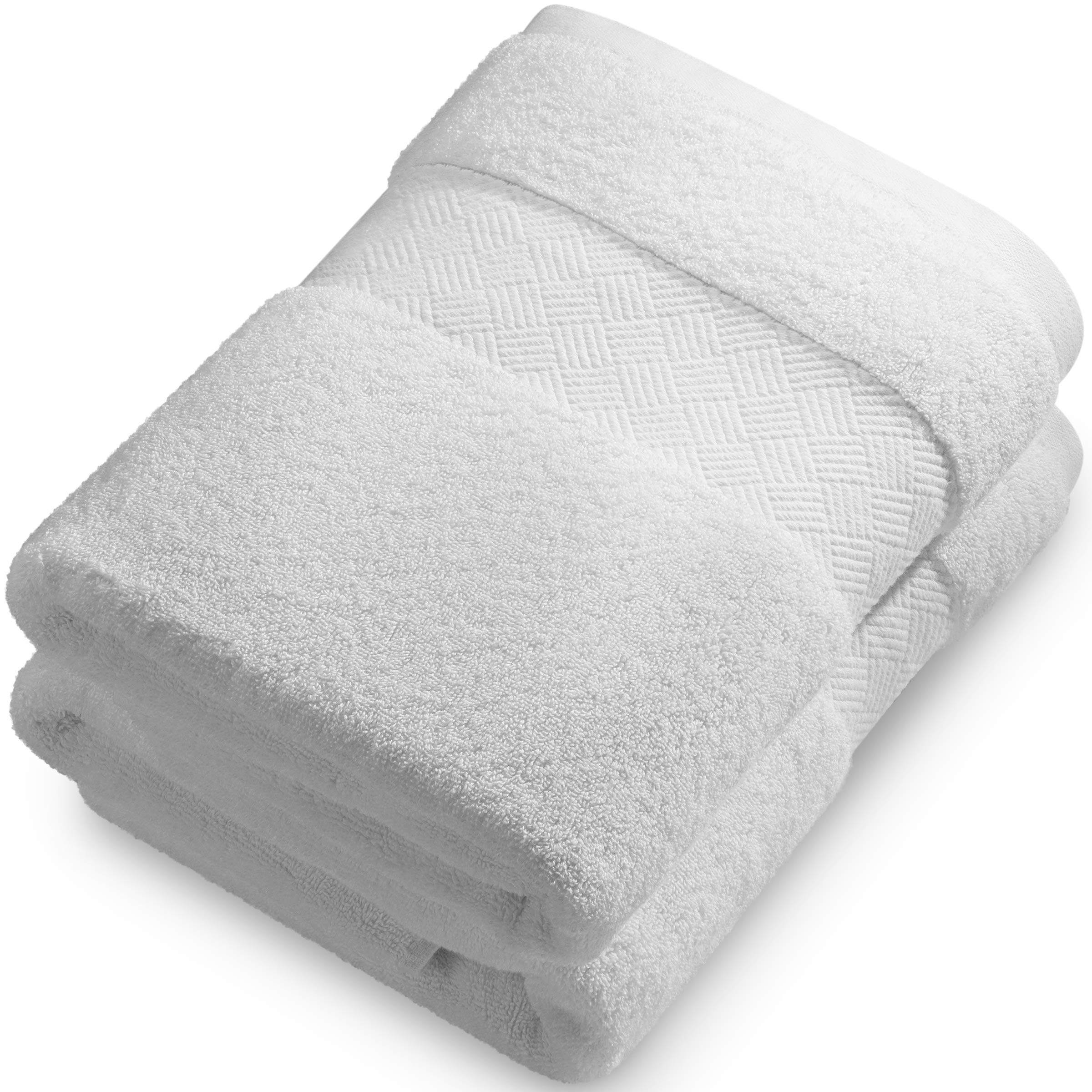 Premium 2-Pack Luxury Cotton Bath Towels | Soft, Absorbent, Quick-Dry 30x56 Oversized Body Towels with Woven Border & Decorative Band | Perfect for Home, Hotel, Spa & Gym Use | White | Machine Washable