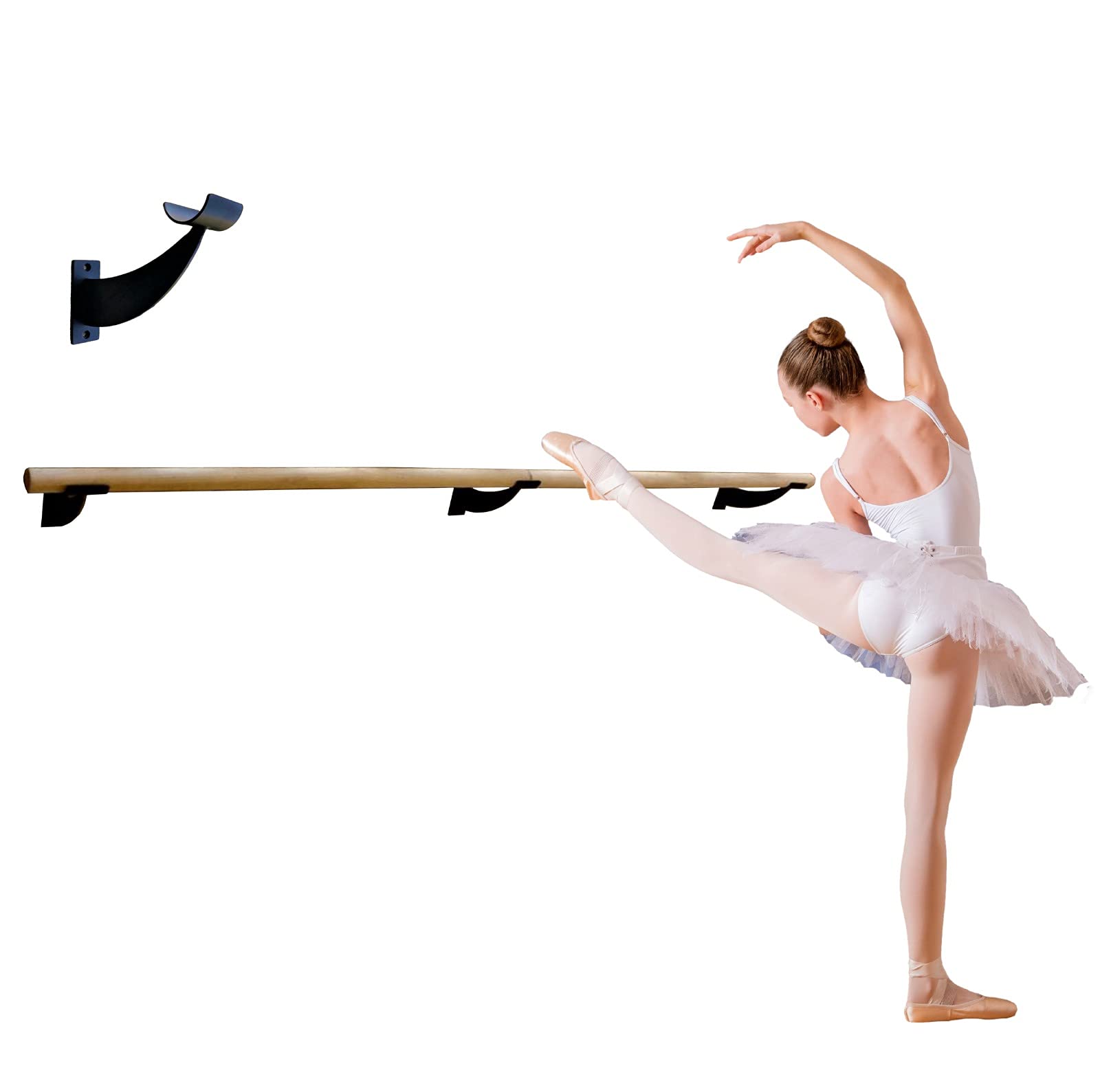 8 FT Black Wooden Ballet Barre for Kids & Adults - Wall Mounted Fixed Height Dance Bar with Open Bracket (1.5