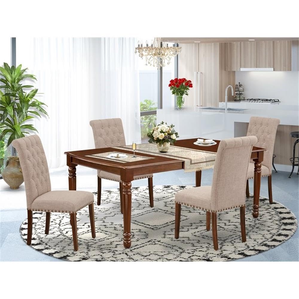 East West Furniture 5-Piece Kitchen Dining Set - 42x78 Inch Mahogany Rectangle Table with Butterfly Leaf & 4 Light Tan Linen Parsons Chairs | Perfect for Small Space Dining Rooms, Breakfast Nooks & Family Gatherings