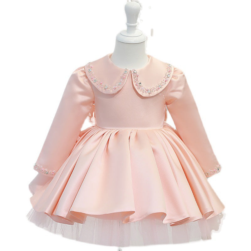 Elegant Baby Girl Communion Dress - Long Sleeve Beaded Princess Gown with Doll Collar for Christening, Birthday Party & Special Occasions