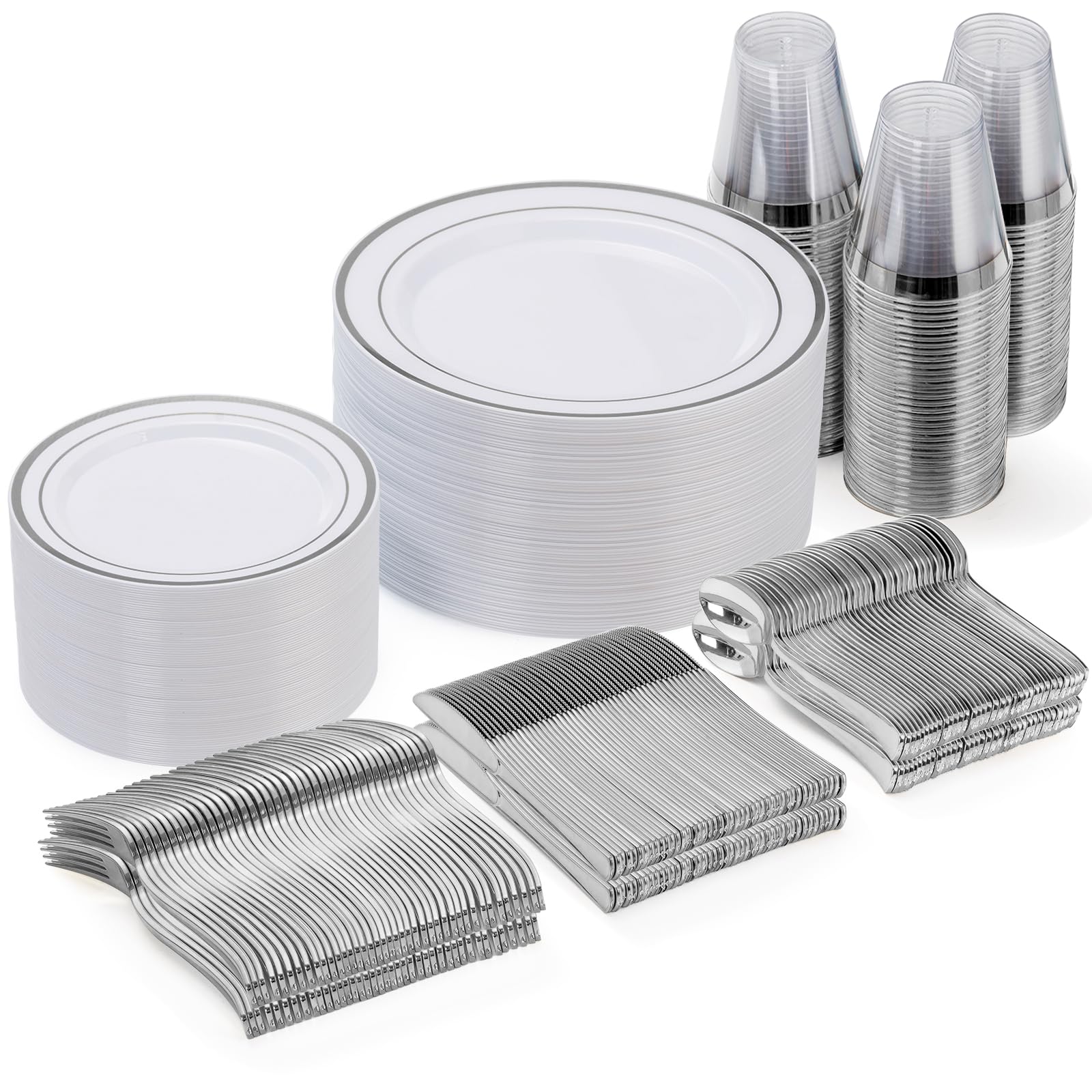 Goodluck 300-Piece Disposable Silver Plastic Dinnerware Set - 50 Dinner Plates, 50 Salad Plates, 50 Spoons, 50 Forks, 50 Knives & 50 Cups - Elegant Party Tableware for Weddings, Birthdays, Catering & Events