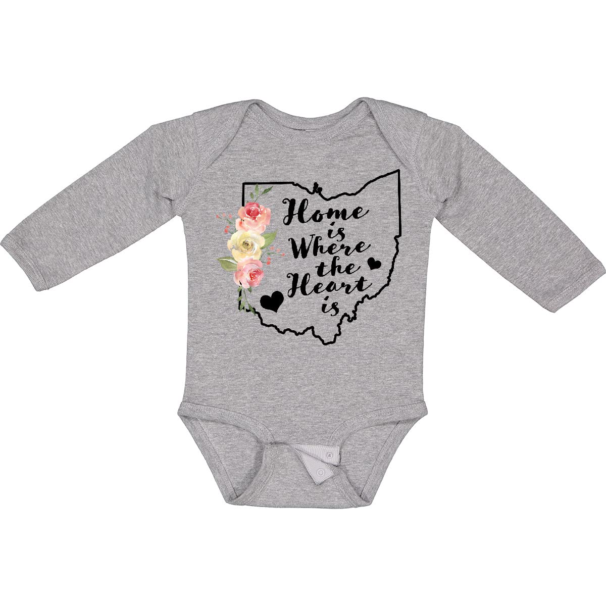 Inktastic Ohio Home is Where The Heart is Watercolor Long Sleeve Baby Bodysuit - Soft Cotton Infant Onesie for Family Photos, Holiday Gifts & Casual Outings