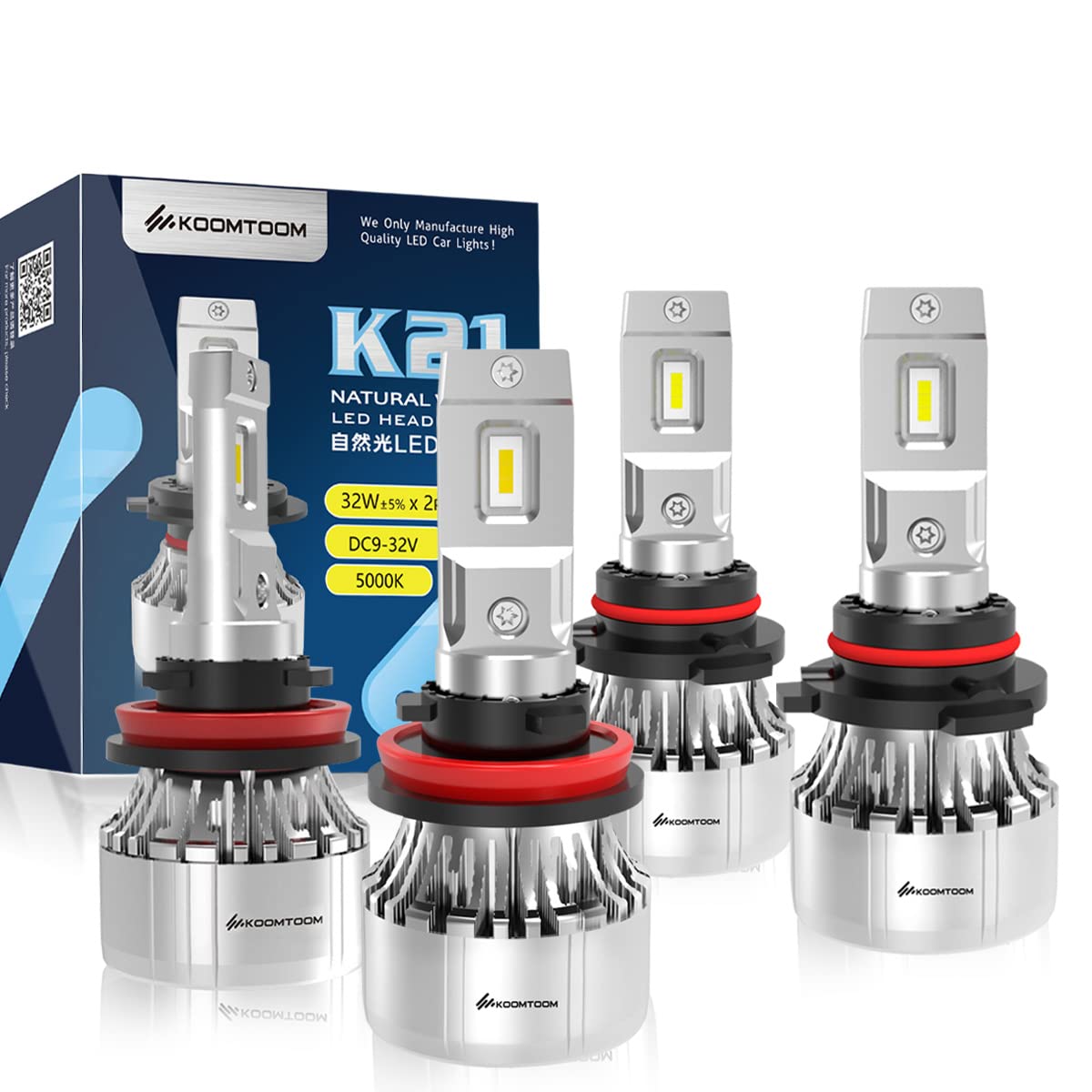 KOOMTOOM 9005/HB3 H11/H8 LED Headlight Bulbs - 12000LM Super Bright, 5000K Warm White (4-Pack) for Night Driving