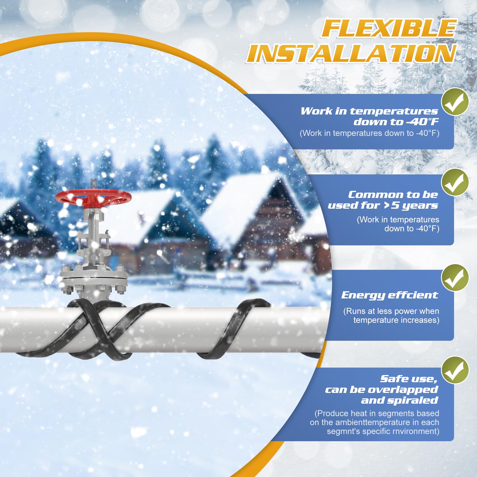 3FT to 160FT Self-Regulating Heat Tape for Water Pipes -40°F to 122°F, Thermostat-Controlled Pipe Heating Cable, Deicing Heat Tape for Gutters & Roofs, 120V 8W/ft (160FT) - Prevent Frozen Pipes in Winter & Protect Outdoor Plumbing
