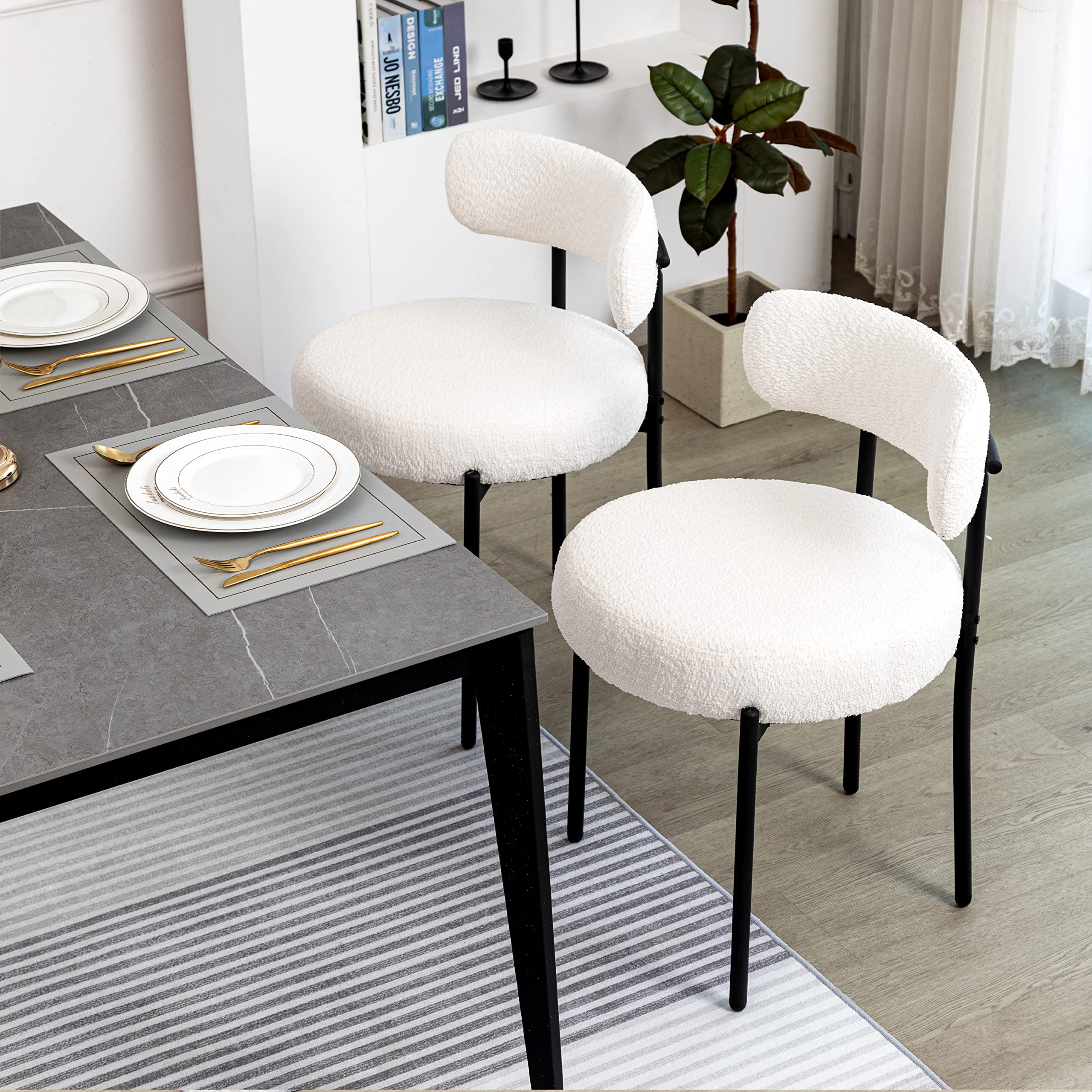 DYHOME 6-Piece White Boucle Dining Chairs Set - Mid Century Modern Upholstered Chairs with Curved Backrest & Black Metal Legs - Perfect for Kitchen, Dining Room, Restaurant & Cafe