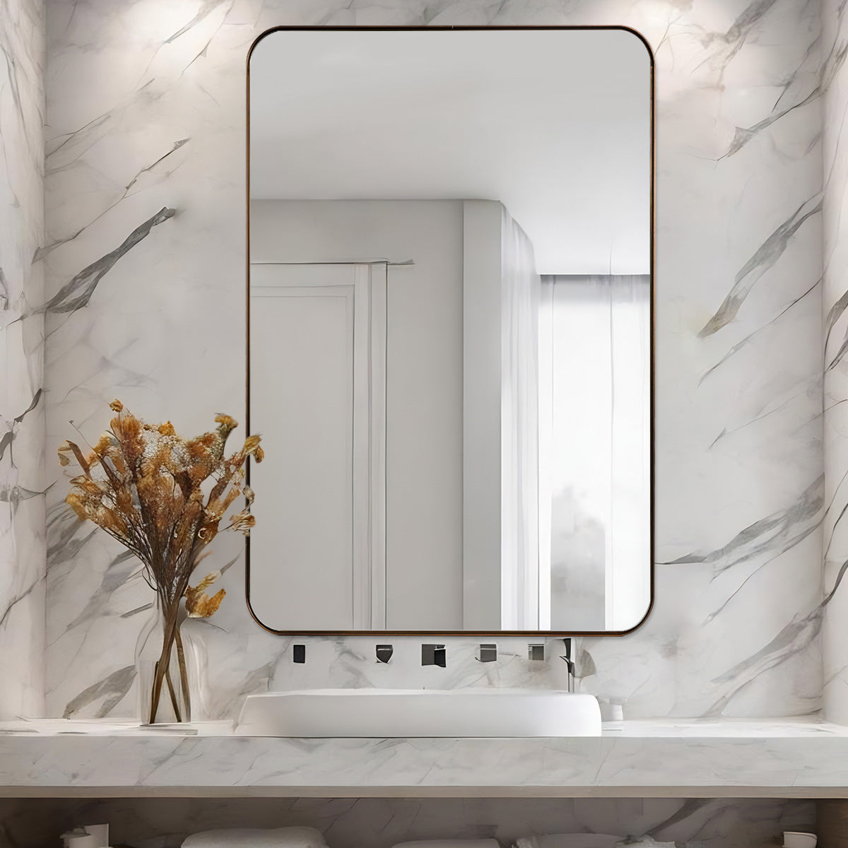 Premium Aluminum Framed Rounded Rectangular Bathroom Mirror - Modern Vanity Mirror for Bathroom Decor, Makeup & Shaving - Perfect for Home, Hotel & Spa