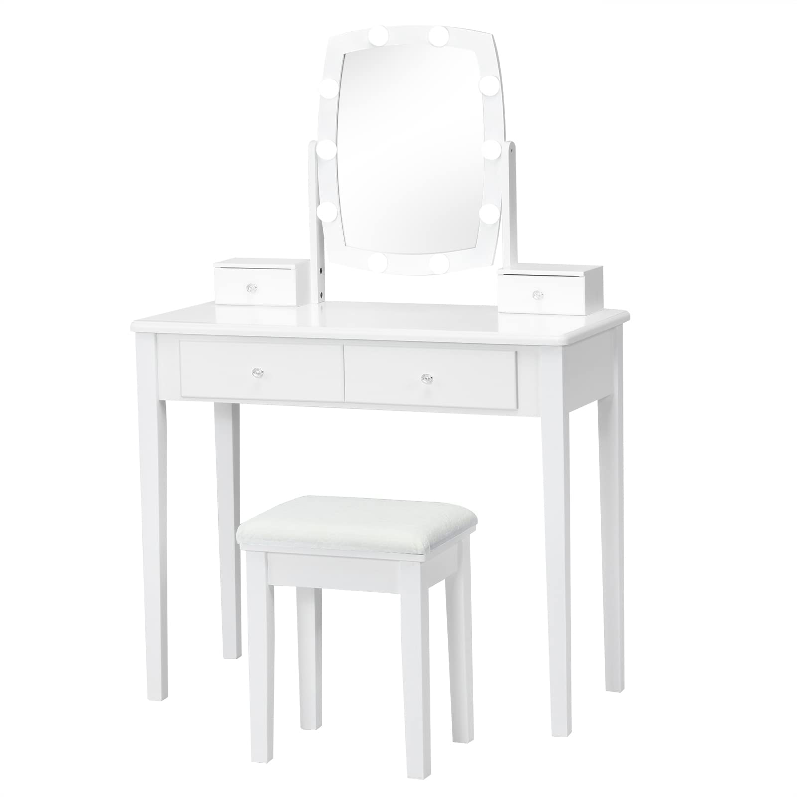 Charmaid Girls Makeup Vanity Desk with LED Mirror Lights - 10 Bulbs, 3 Lighting Modes, 4 Storage Drawers & Stool - Modern Dressing Table for Bedroom, Teen Room & Beauty Salon (White)