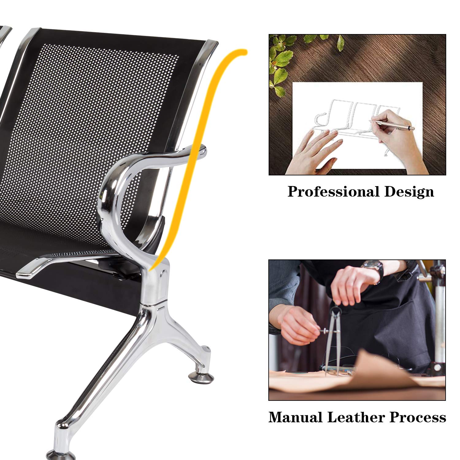 3-Seat Waiting Room Chairs with Arms - Durable Reception Bench for Airport, Hospital, Bank & Lobby - Comfortable Guest Seating for Waiting Areas, Schools & Barbershops (Black) - Perfect for High-Traffic Public Spaces & Commercial Environments