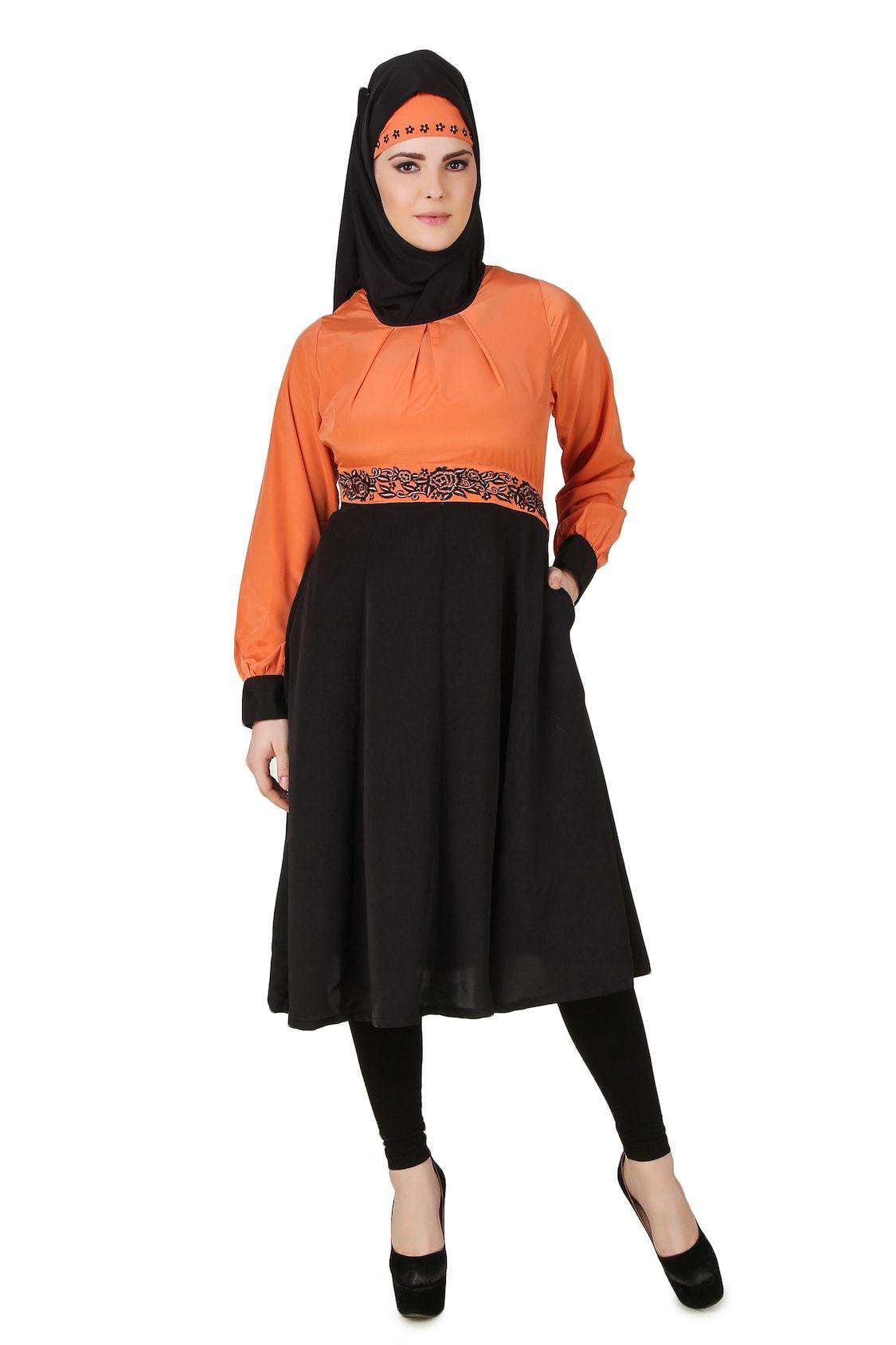 Barika Black & Orange Crepe Short Abaya - Modest Islamic Dress for Women | Perfect for Prayer, Eid, and Casual Wear