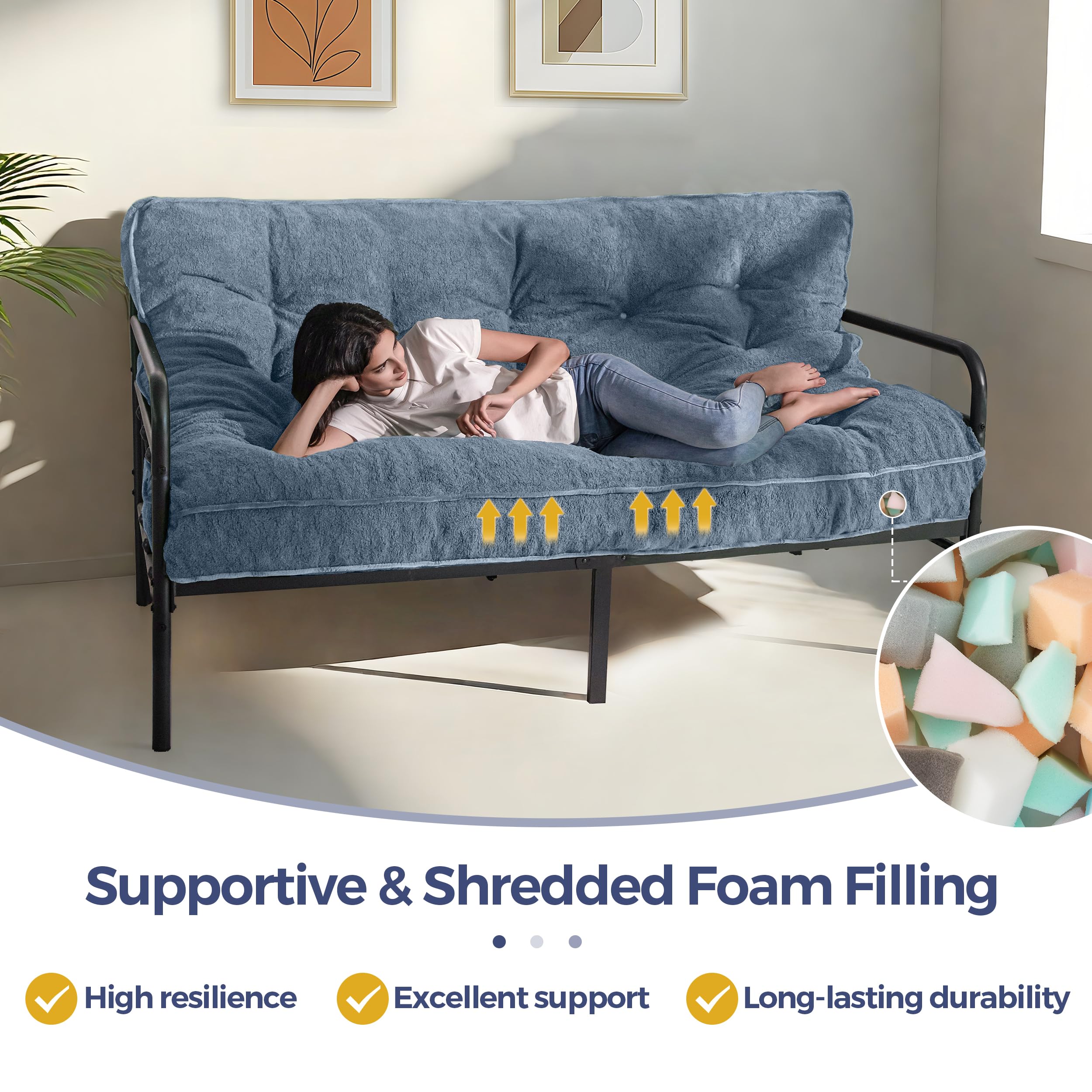 MAXYOYO 6 Inch Full Size Futon Mattress - Thick Boucle Sofa Bed with Shredded Foam Filling for Adults, Dusty Blue | Convertible Sleeper, Floor Mattress & Guest Bed Solution (Frame Not Included)
