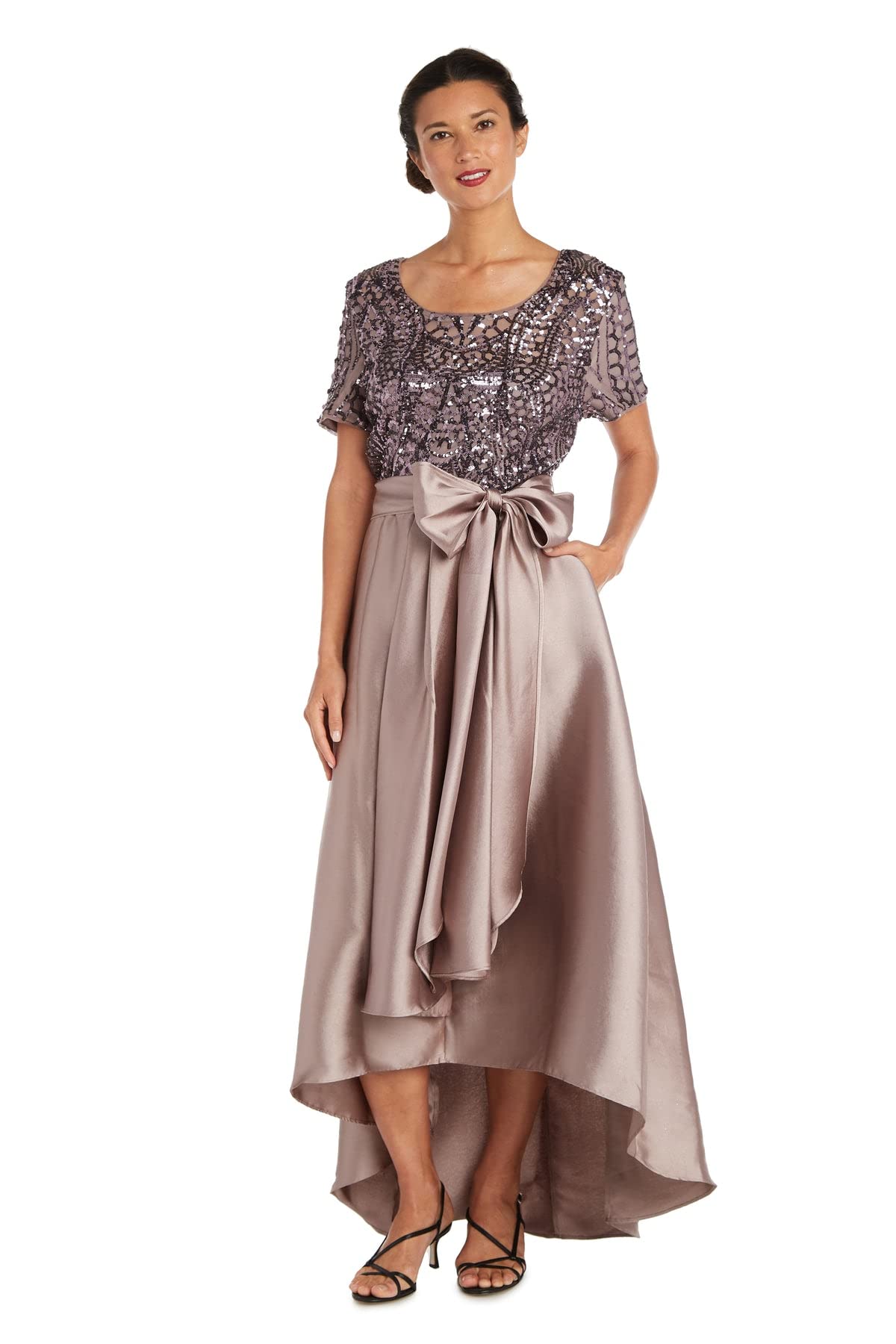 R&M Richards Women's Short Sleeve Sequin Embellished High-Low Gown - Size Missy & Petite - Perfect for Evening Parties, Prom, and Special Occasions