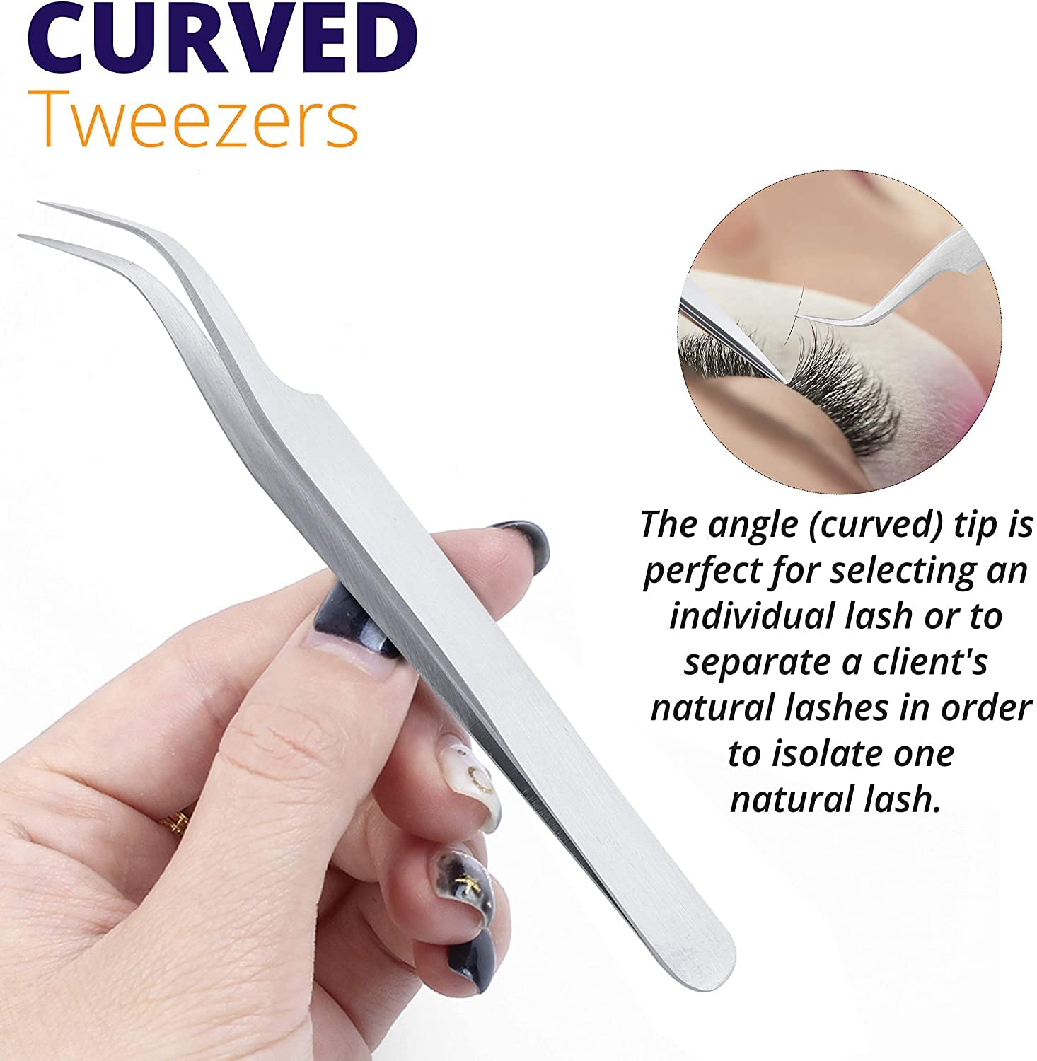 Sivote Professional Eyelash Tweezers Set - 2 Pack Straight & Curved Tip Stainless Steel Lash Extension Tools (Matte Silver) | Perfect for Salon, DIY Lash Extensions & Makeup Application