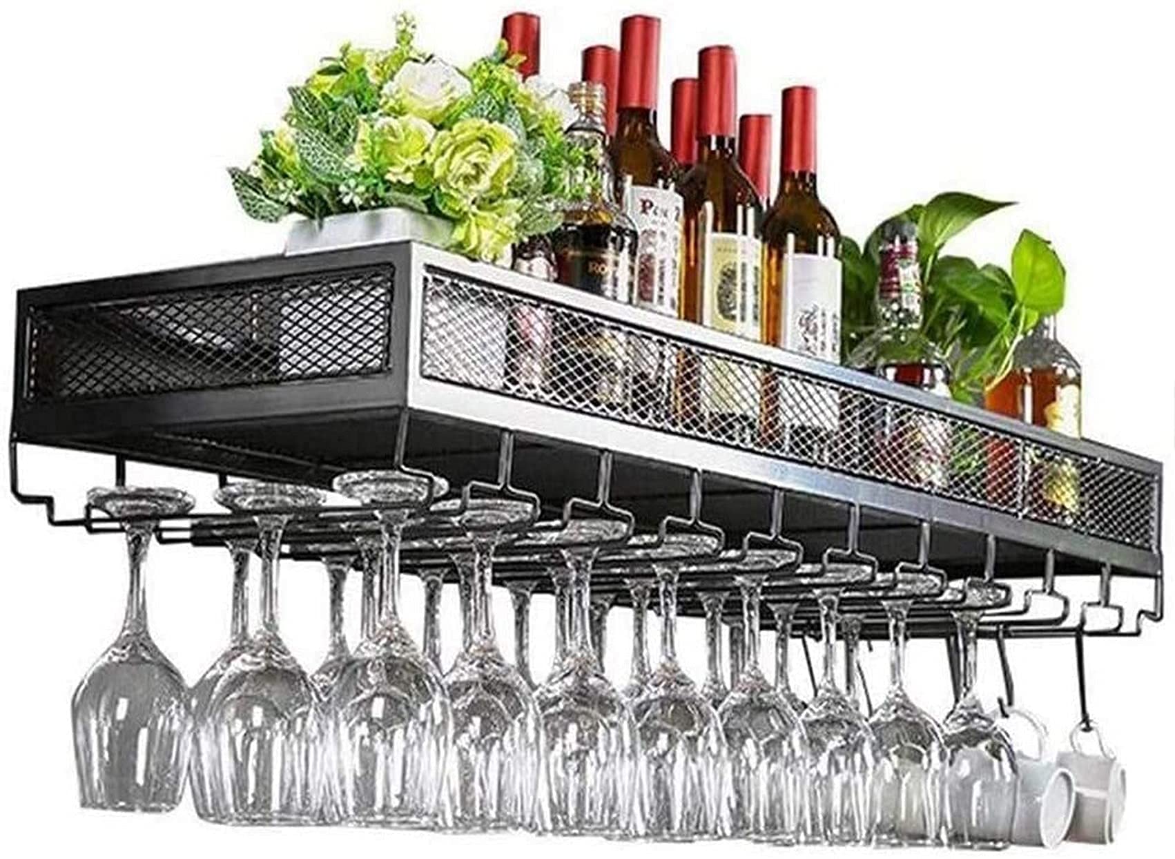 Vintage Wall Wine Rack - Black 80x35cm for Bar & Glass Storage