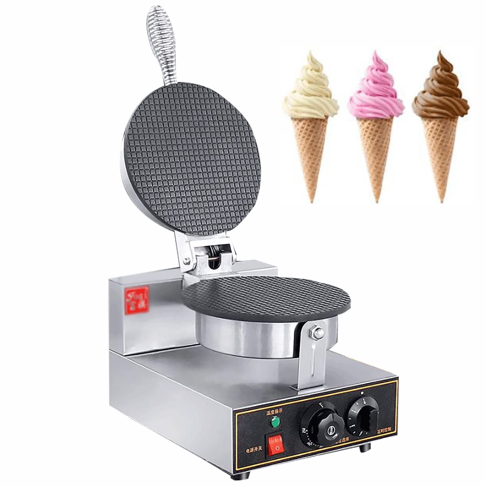 Premium Electric Ice Cream Cone Waffle Maker - 1200W Commercial Stainless Steel Machine with Nonstick Surface & Adjustable Temperature (122°F-482°F) - Perfect for Home, Restaurants, and Ice Cream Shops - Create Delicious Waffle Cones, Churro Bowls & Dessert Cups