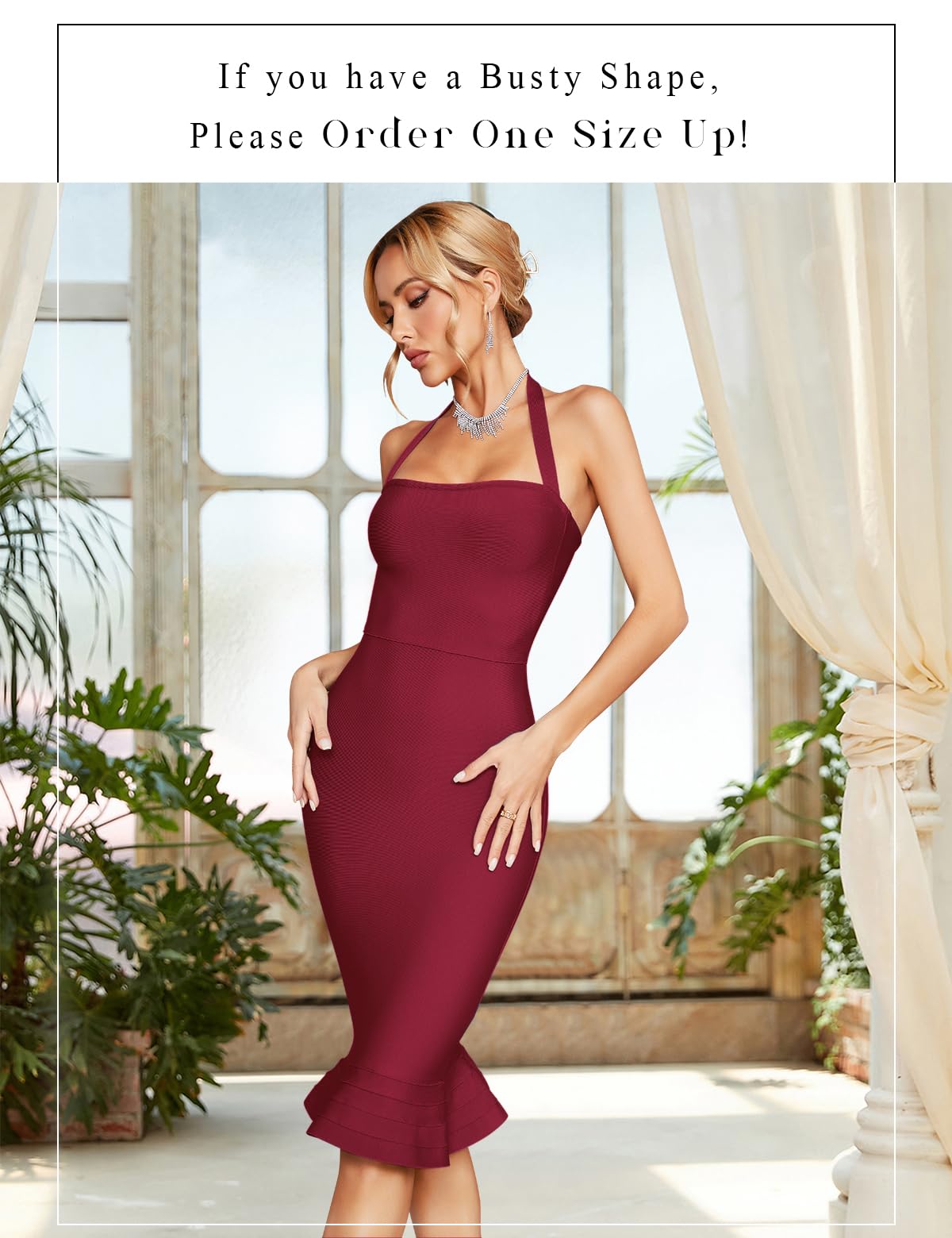 Houstil Women's Sexy V-Neck Halter Fishtail Bandage Bodycon Dress for Club, Party & Night Out - Stretchy Tight Midi Dress for Date Night, Cocktail Events & Special Occasions