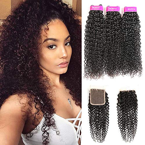 100% Unprocessed Malaysian Kinky Curly Human Hair Bundles - 3 Bundles with Closure (24 26 28+20 Inch) - Natural Black Color Virgin Hair Extensions for Women - Perfect for Protective Styles, Weaves & Natural Hair Looks