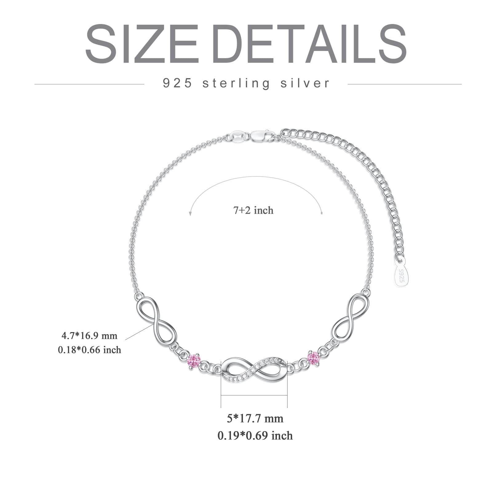 Infinity Bracelet for Women - 925 Sterling Silver Adjustable Birthstone Charm Link Bracelet - Christmas, Birthday Gift for Wife, Mom, Her - Perfect for Holidays, Anniversaries & Special Occasions