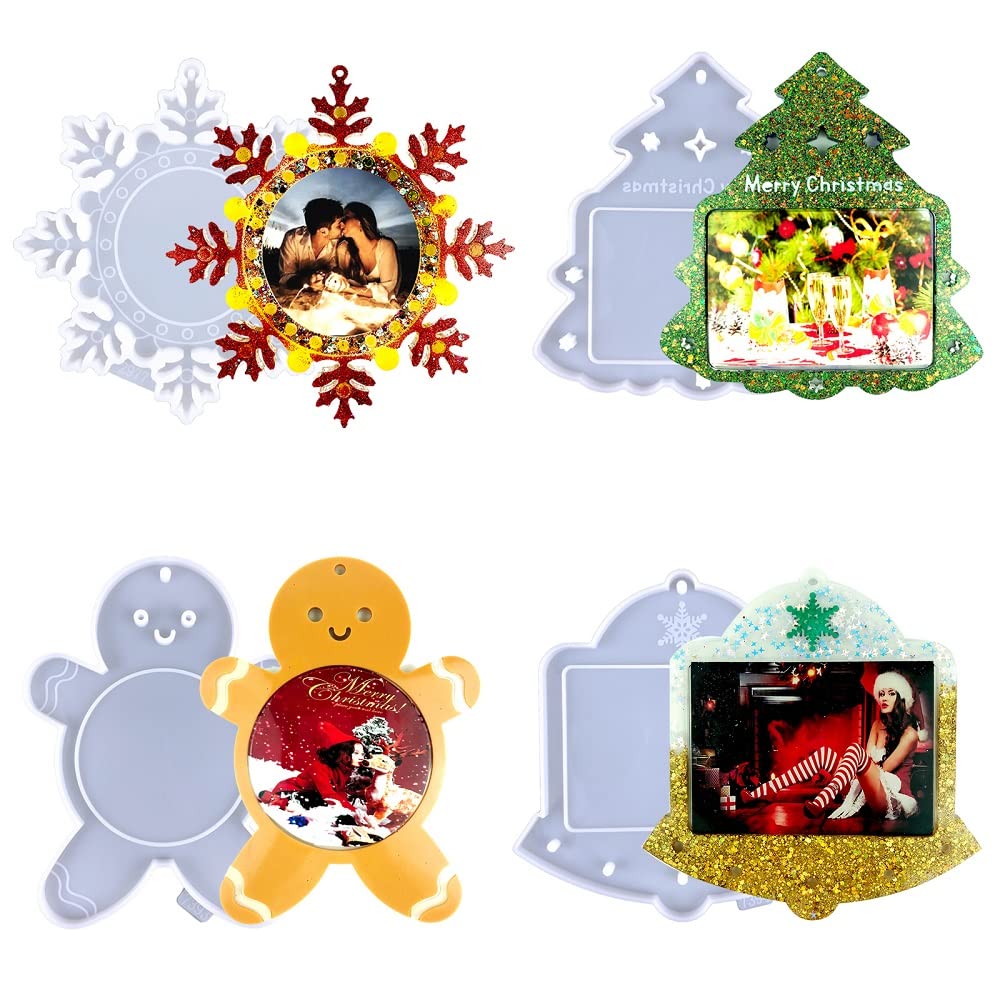 Christmas Resin Silicone Molds Set - 3D Xmas Tree, Pendant, Photo Frame & Bell Decorations (4pcs White) - Perfect for DIY Holiday Ornaments, Gift Making & Festive Home Decor