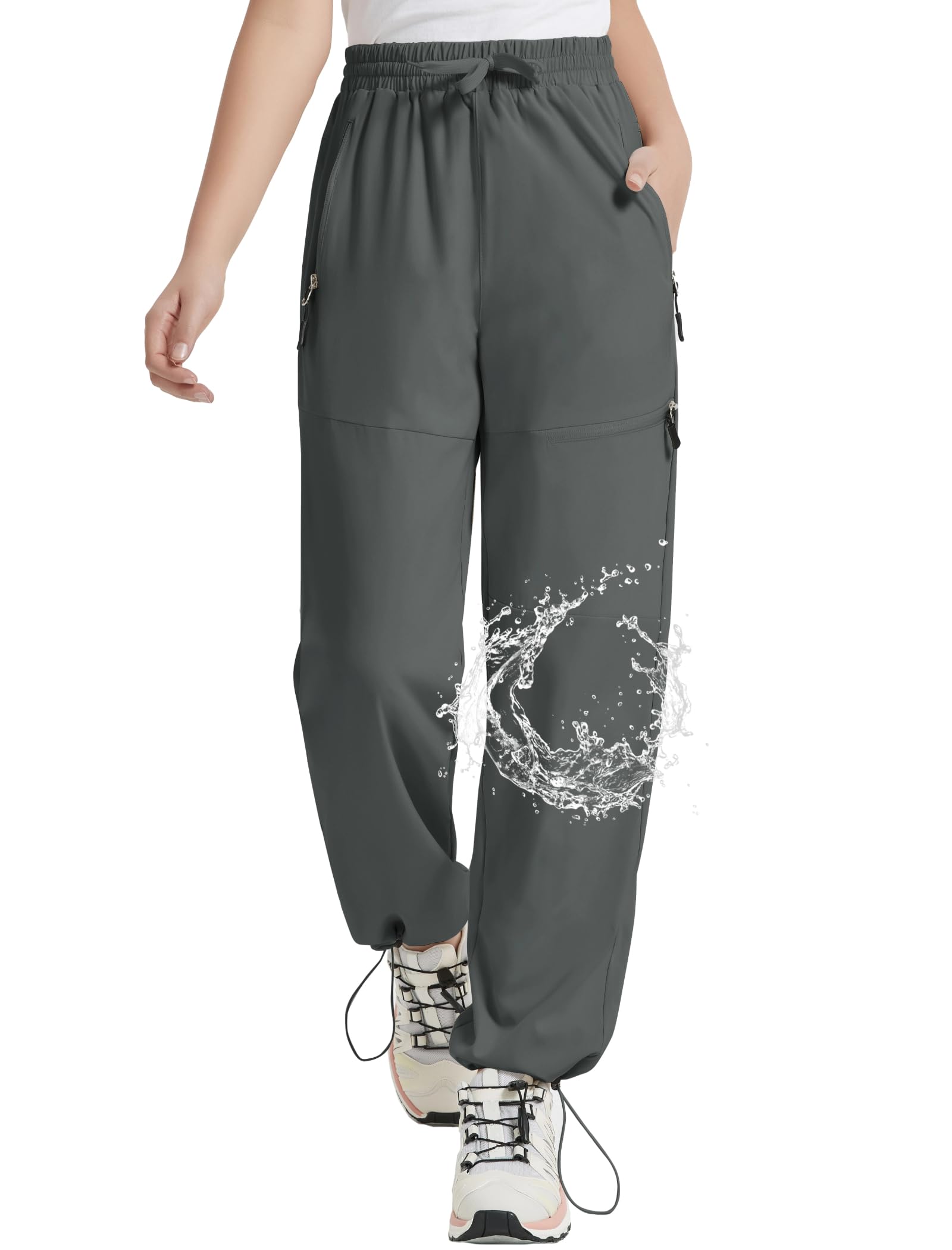 EXARUS Girls Water Resistant Jogger Pants - Quick Dry Lightweight Hiking Pants with Zip Pockets for Kids 6-14 Years | High Waisted Athletic Pants for Outdoor Activities, School & Play